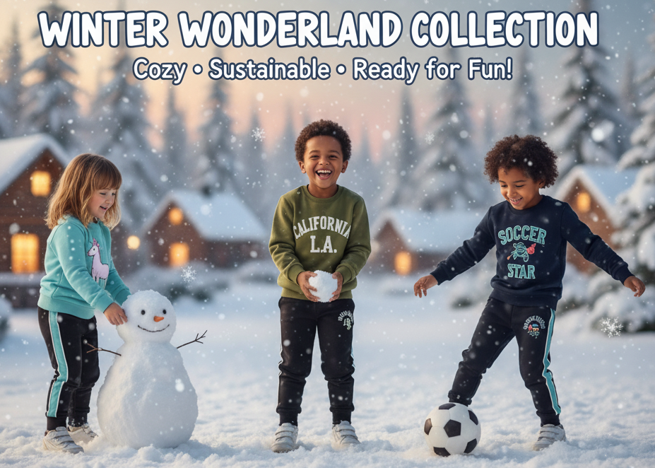 Children playing in the snow with a snowman, surrounded by a snowy landscape with trees and a cabin.