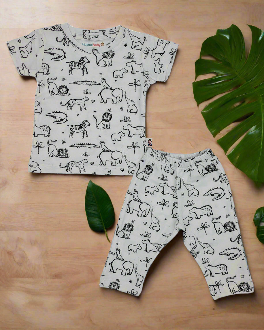2-Piece Printed T-Shirt and Long Pant Set - White Animal