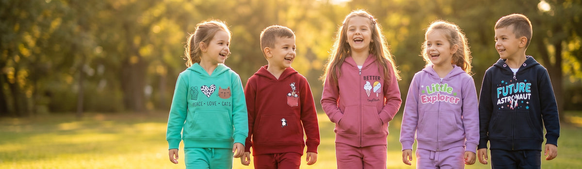 Five children walking on a sunlit lawn, each in a different colour hoodie and jogger set