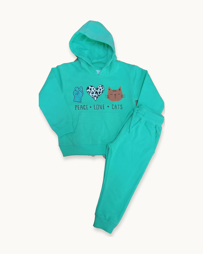 Mint Peace Love Cats hoodie and matching joggers laid flat