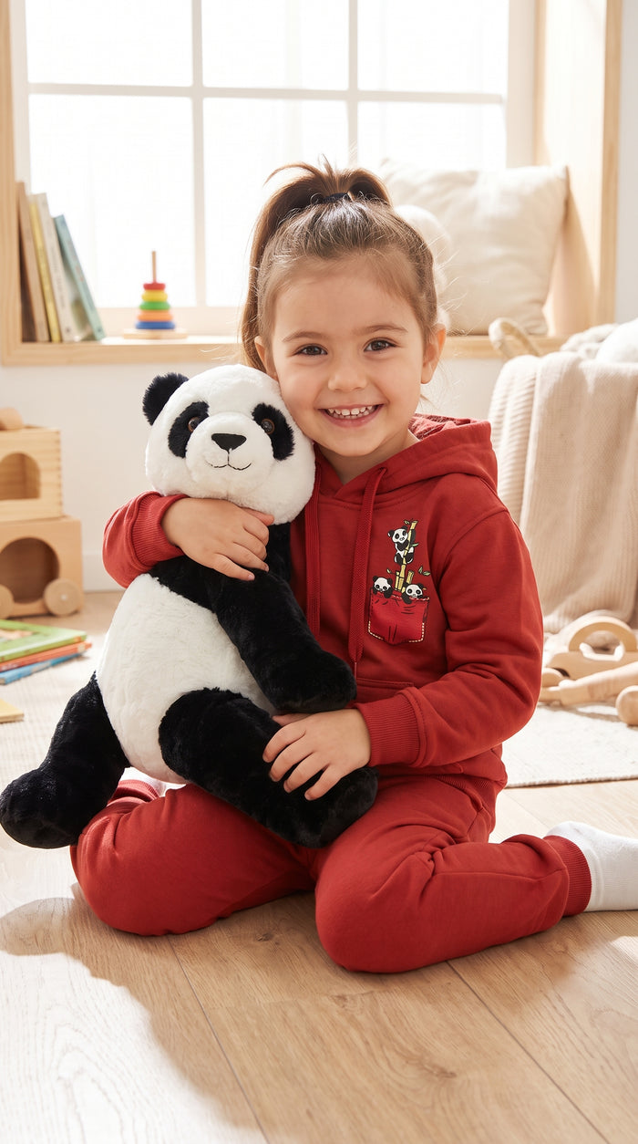 Toddler sitting with a plush panda, wearing the red panda pocket hoodie and jogger set
