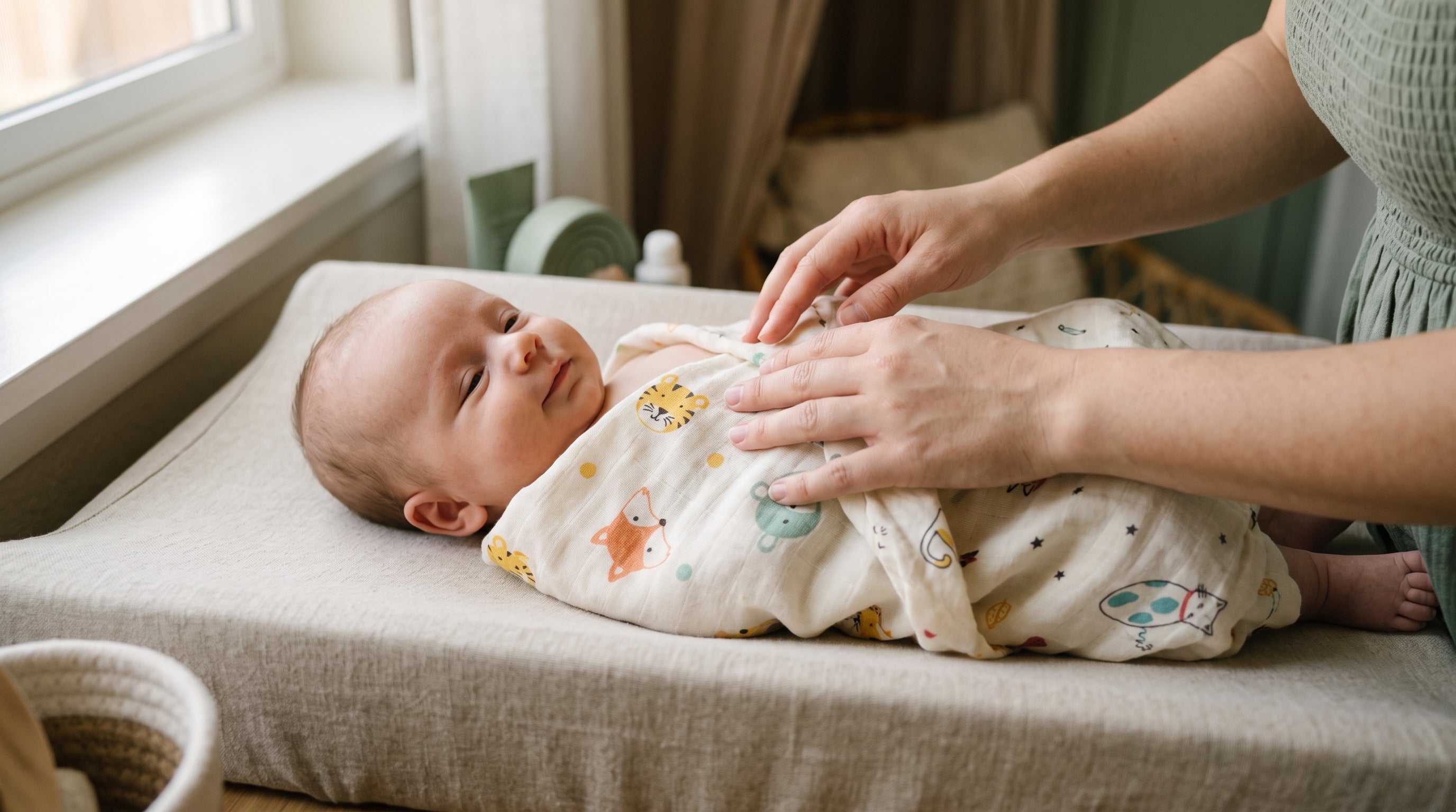 Parent gently wrapping a newborn in an organic muslin swaddle on a changing mat