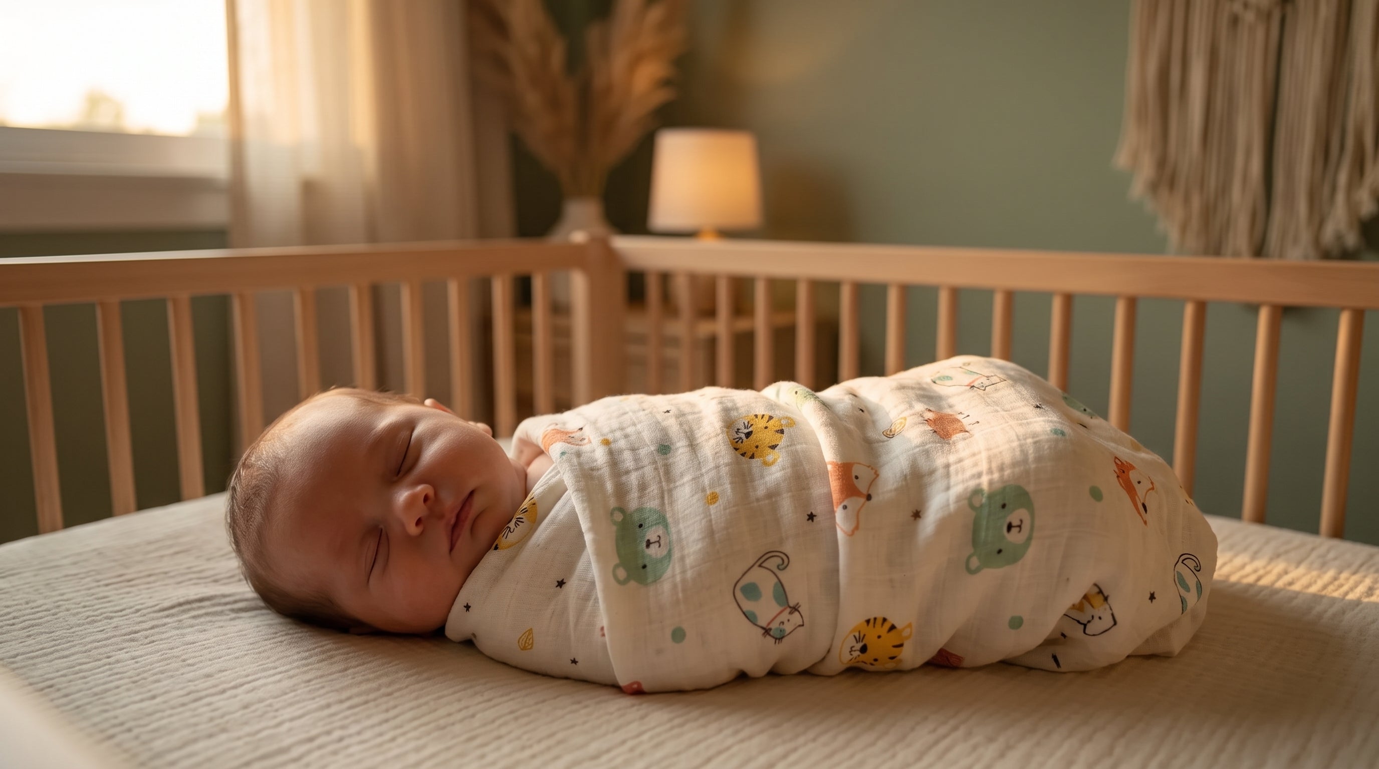 Newborn sleeping on their back, swaddled in organic muslin, in a calm dusk nursery