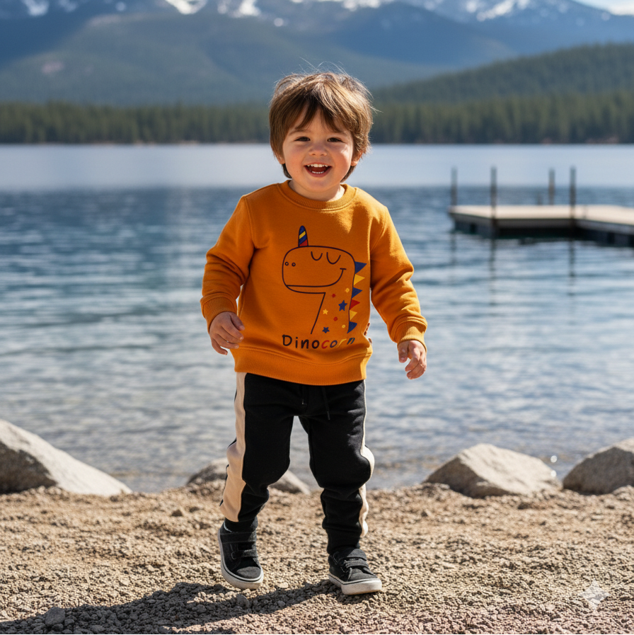 Child wearing an orange sweater with a dinosaur design by a lake and mountains
