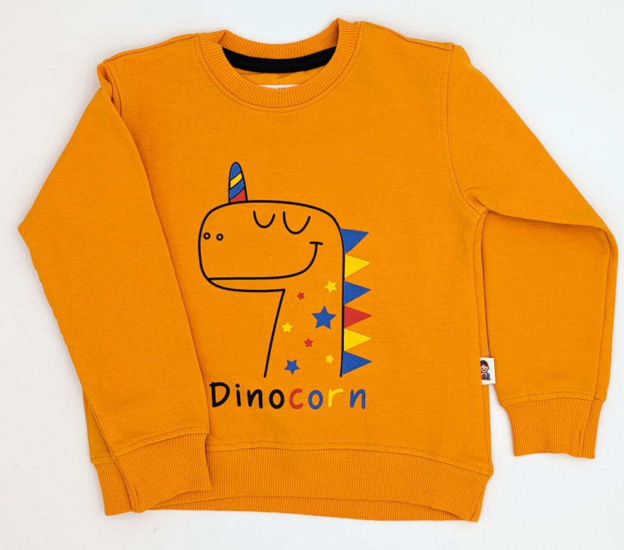 Orange sweatshirt with a cartoon dinosaur design and 'Dinocorn' text on a white background