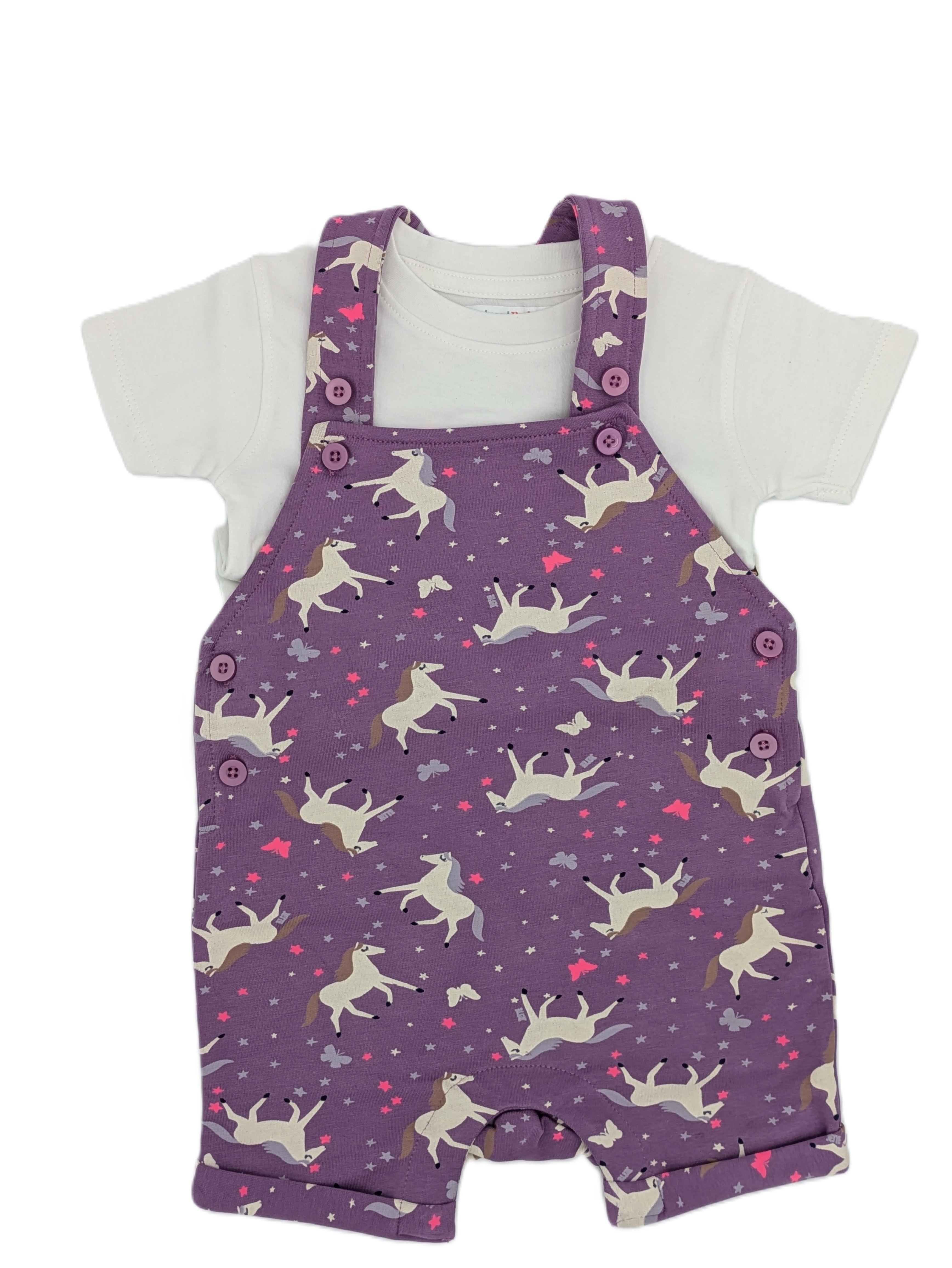 2-Piece Overalls/Dungaree Set - Lavender Horses