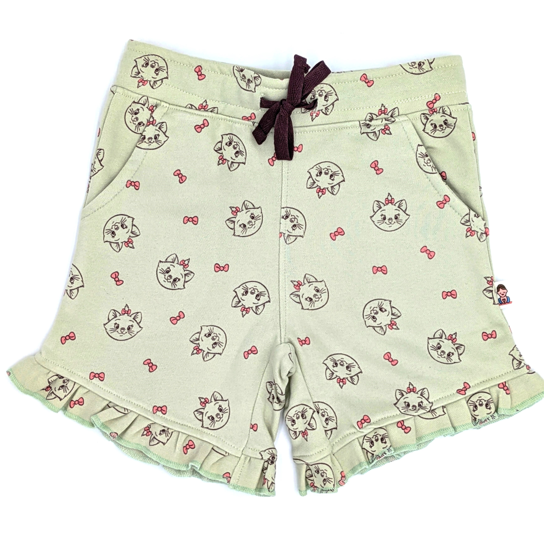 Girl's Printed Cotton Shorts - Sage Green Kitten