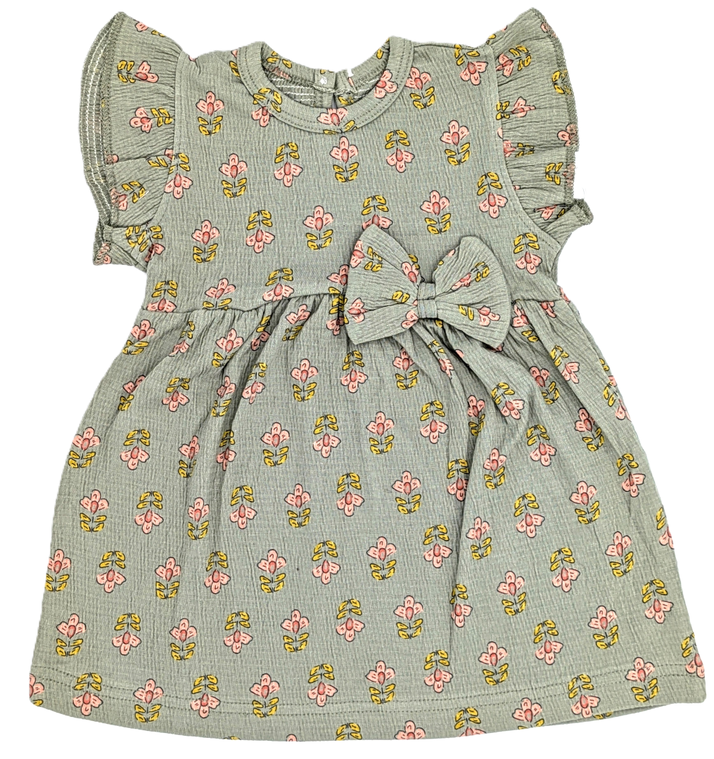 Olive Green Floral Cotton Dress for Girls