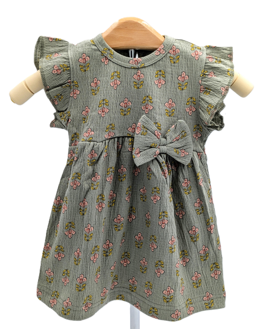 Olive Green Floral Cotton Dress for Girls