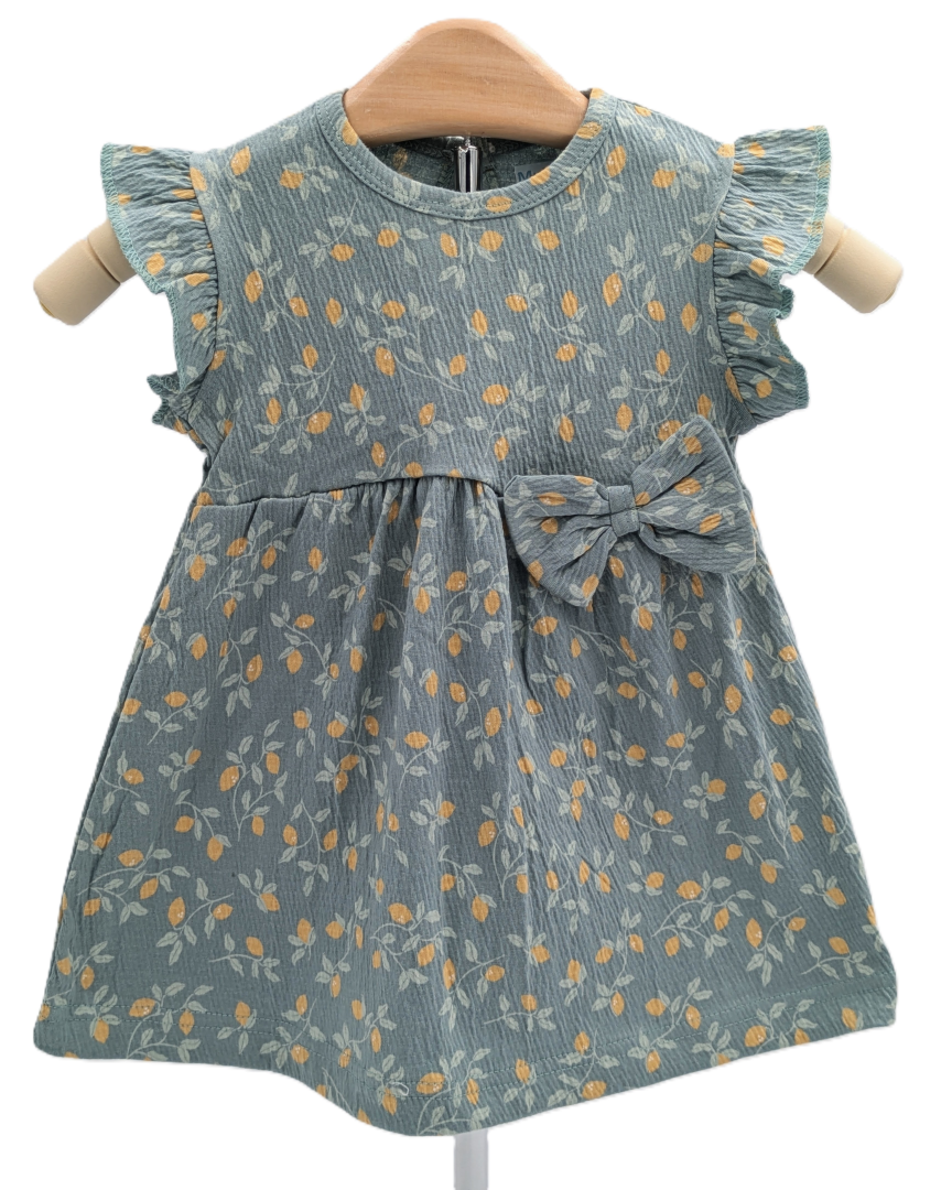 Printed Cotton Dress - Teal Green with Oranges