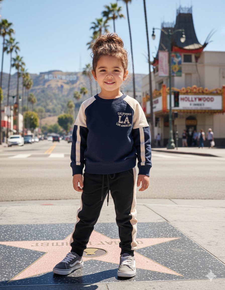 Child standing on the Hollywood Walk of Fame with palm trees and buildings in the background