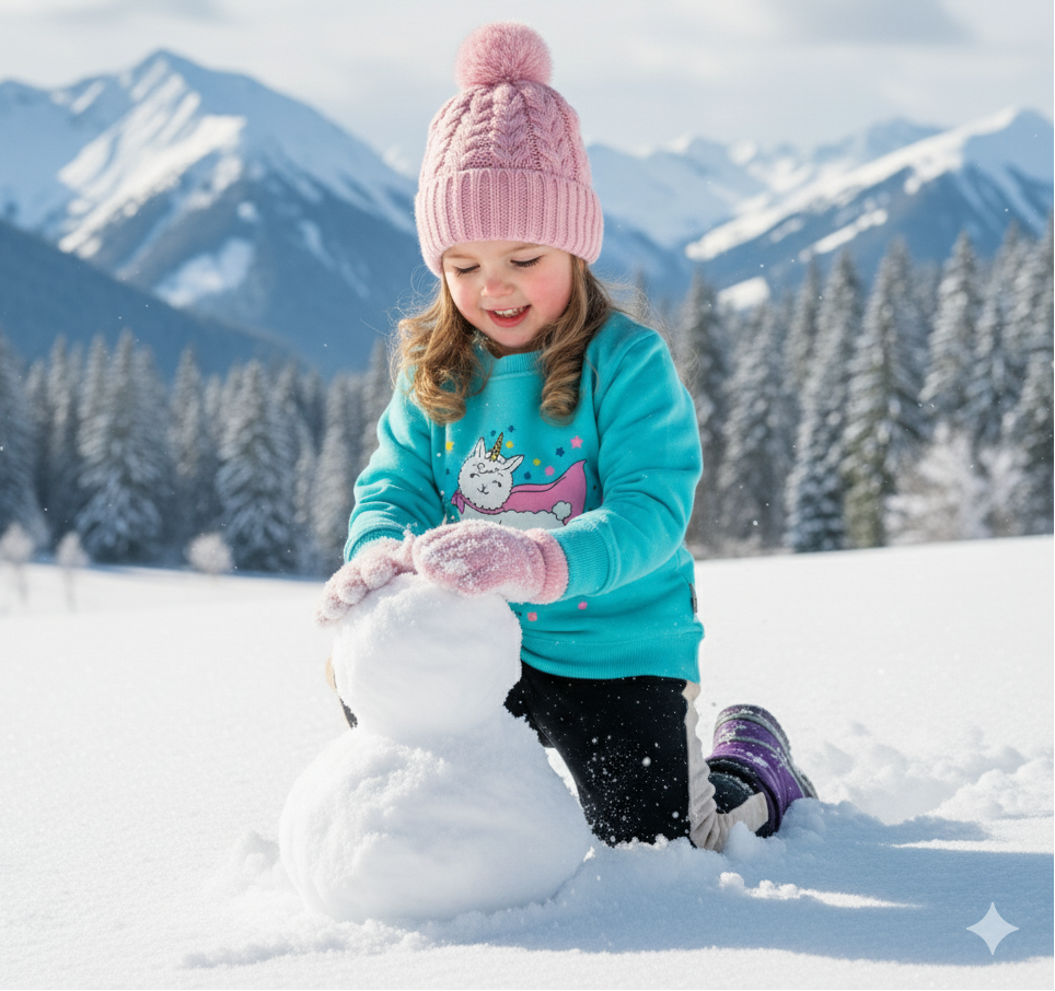 Child building a snowman in a snowy landscape with mountains and trees in the background.