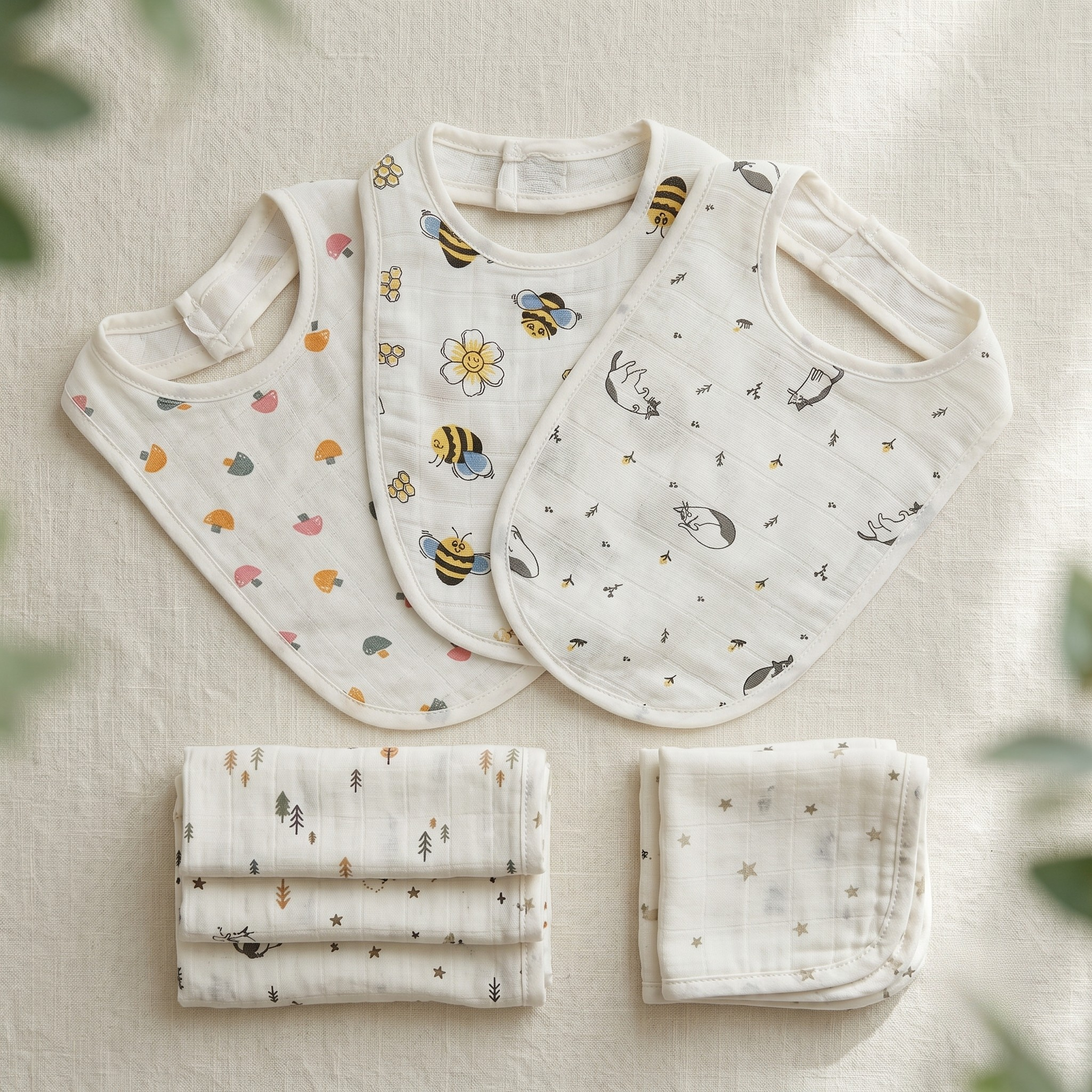 MulmulBaby Complete Newborn Gift Set — organic muslin bibs, swaddles and burp cloths flatlay