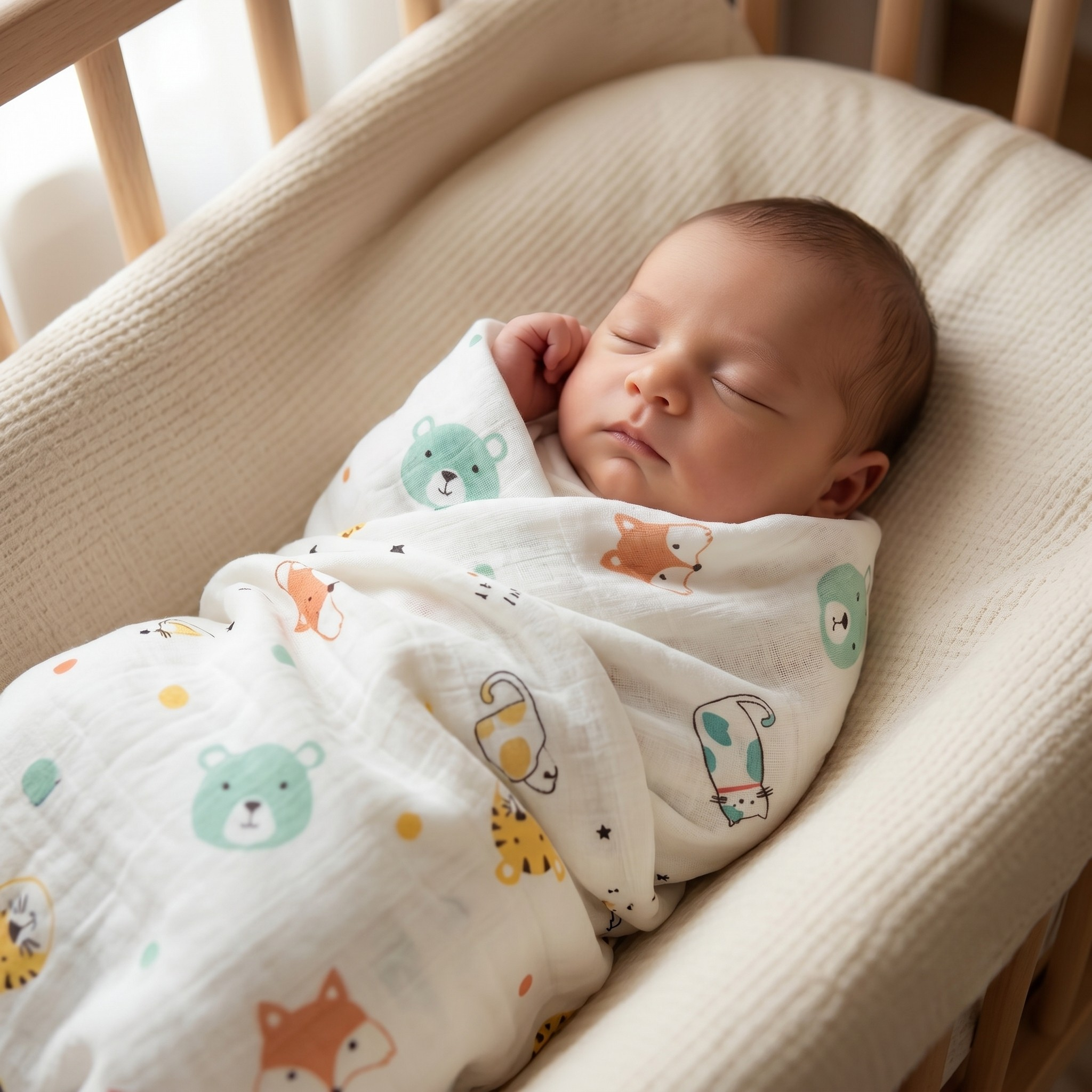 MulmulBaby Newborn Gift Set close-up — 100% organic muslin fabric texture detail