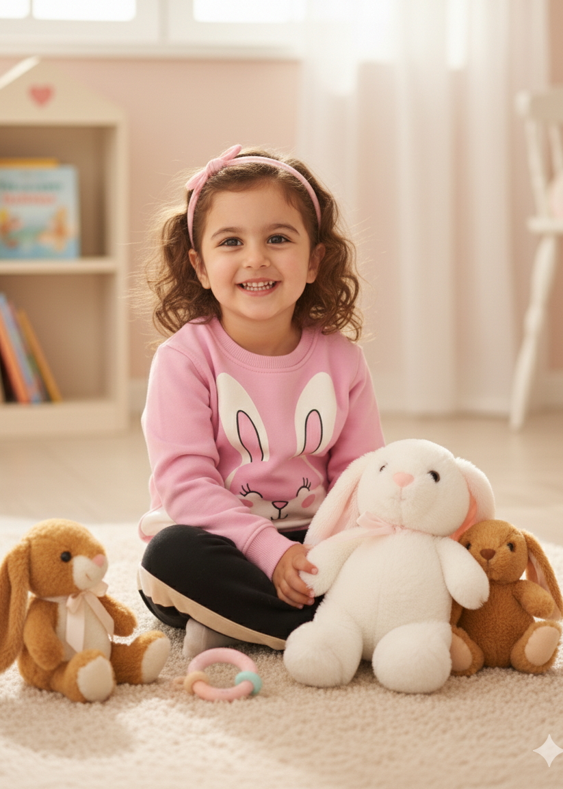 Child wearing a pink sweater with bunny ears, sitting on the floor with plush toys in a room.