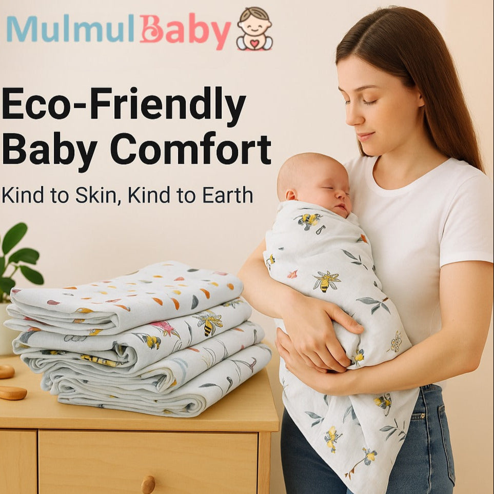 Woman holding a baby wrapped in a MulmulBaby product with text about eco-friendly baby comfort.