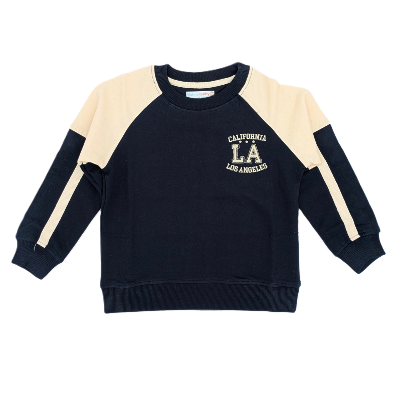 California LA College Style Raglan Sleeve Organic Kids Sweatshirt| Navy Blue & Beige