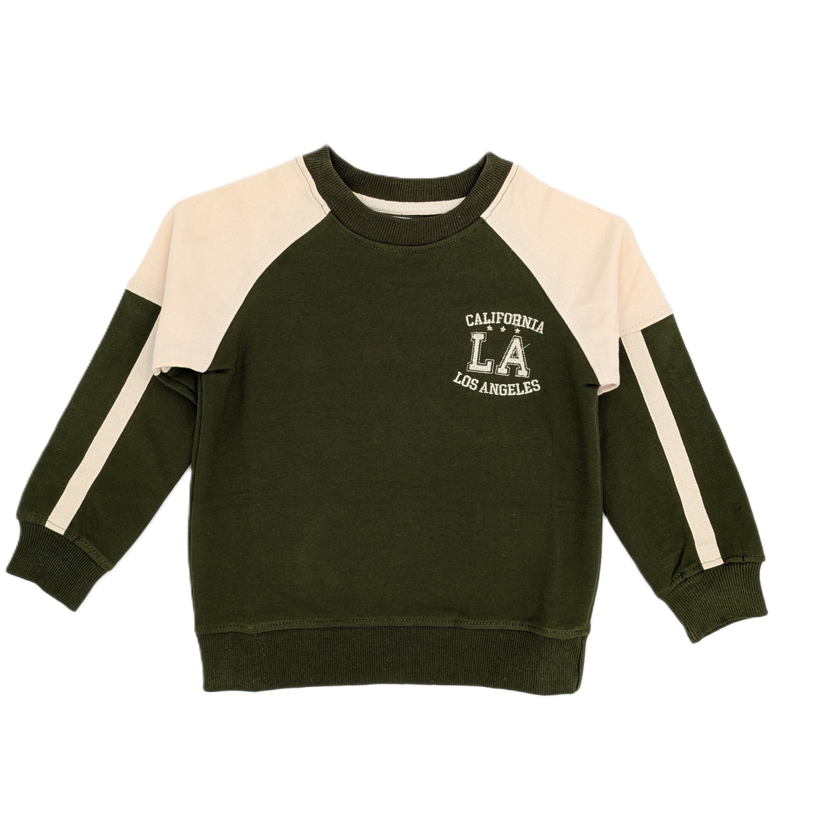 Olive Green California LA Organic Cotton Kids Sweatshirt | Color Block Raglan Crewneck