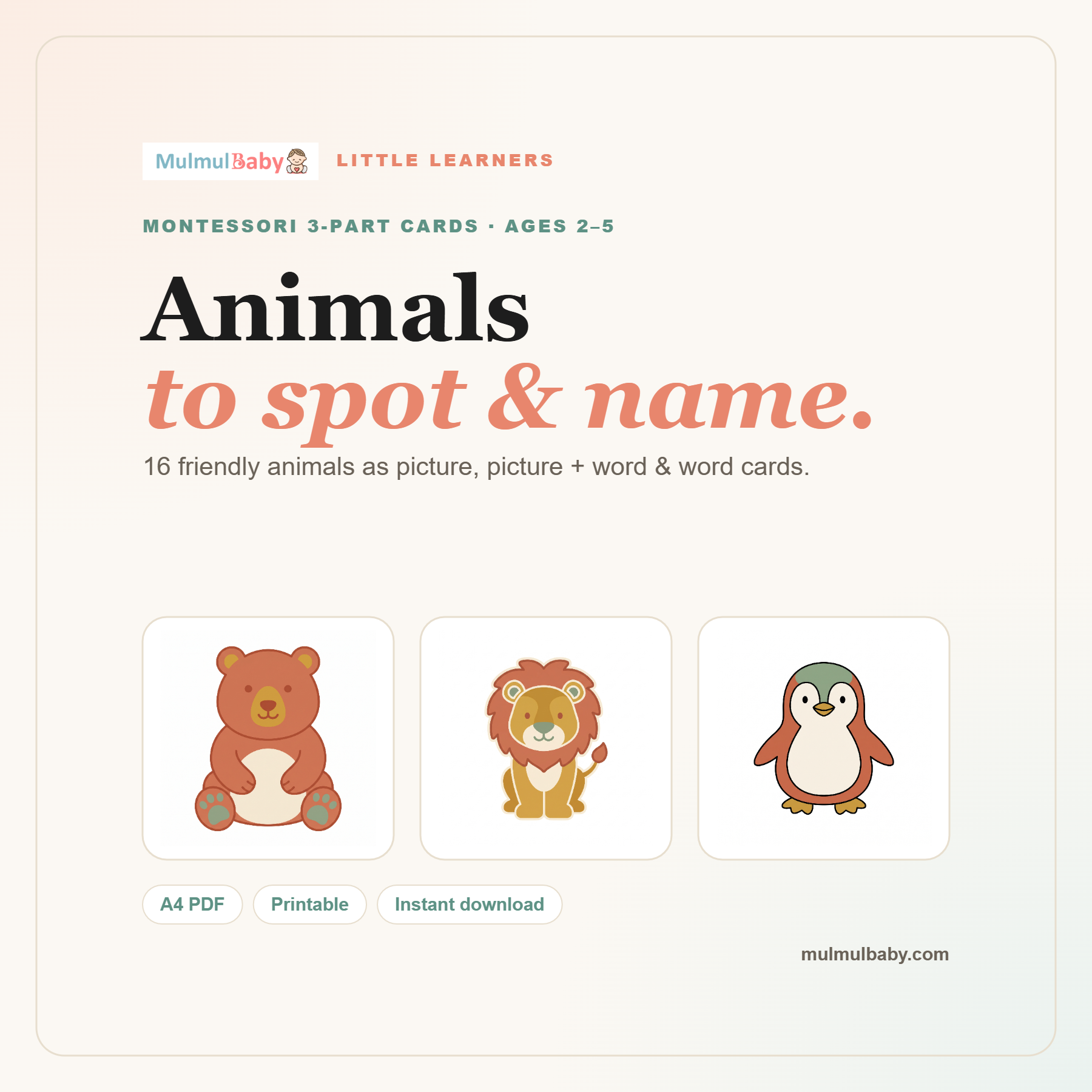 Animals Montessori 3-Part Cards printable cover