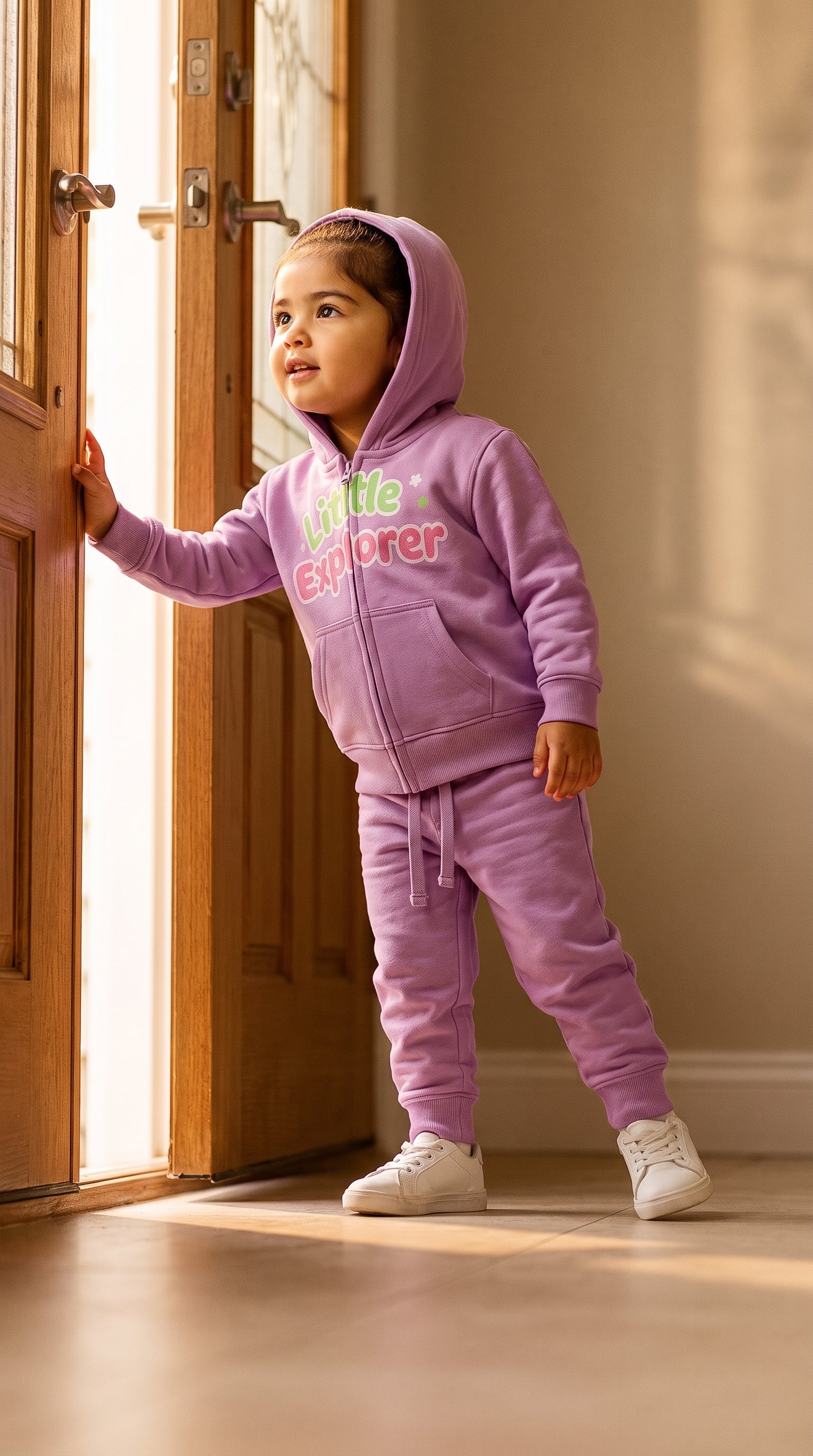 Toddler at an open front door in the lavender zip hoodie set, hood up