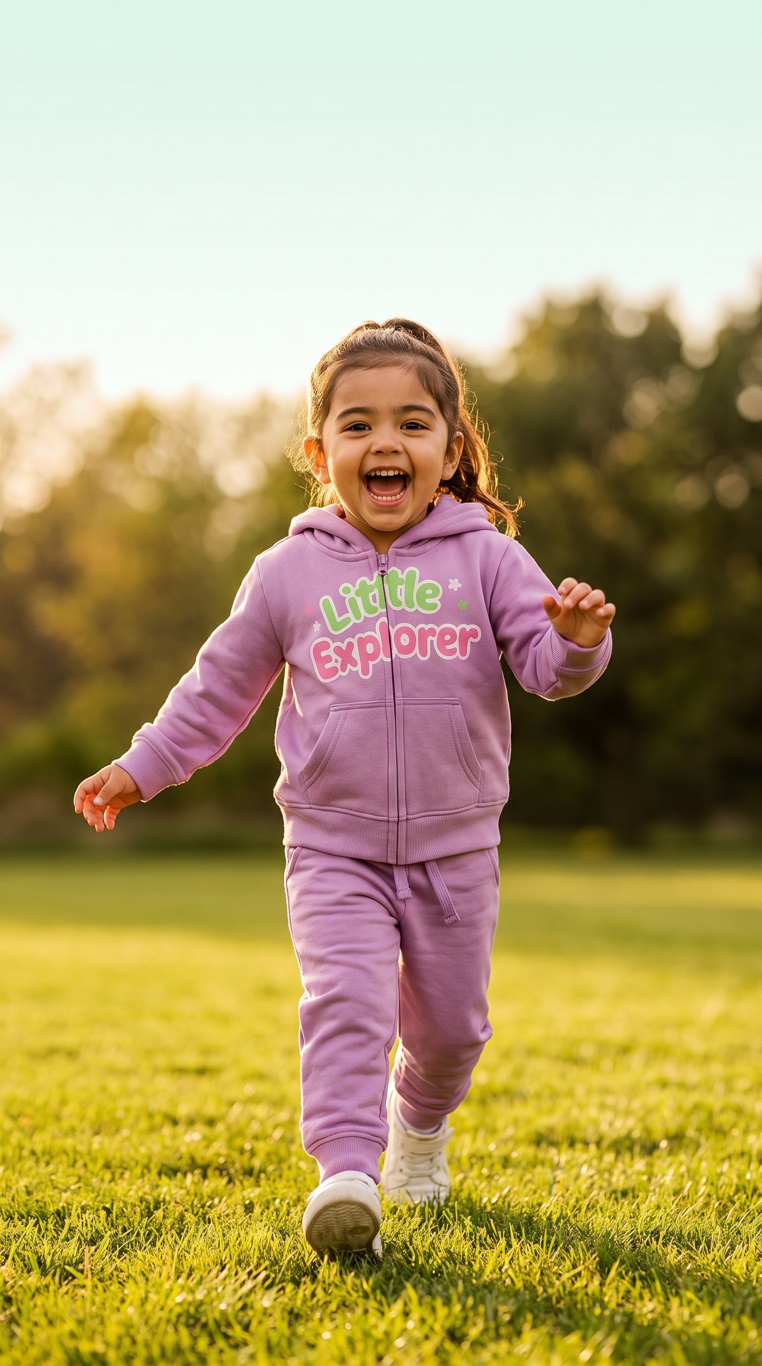 Toddler running across grass in the lavender Little Explorer zip hoodie and jogger set
