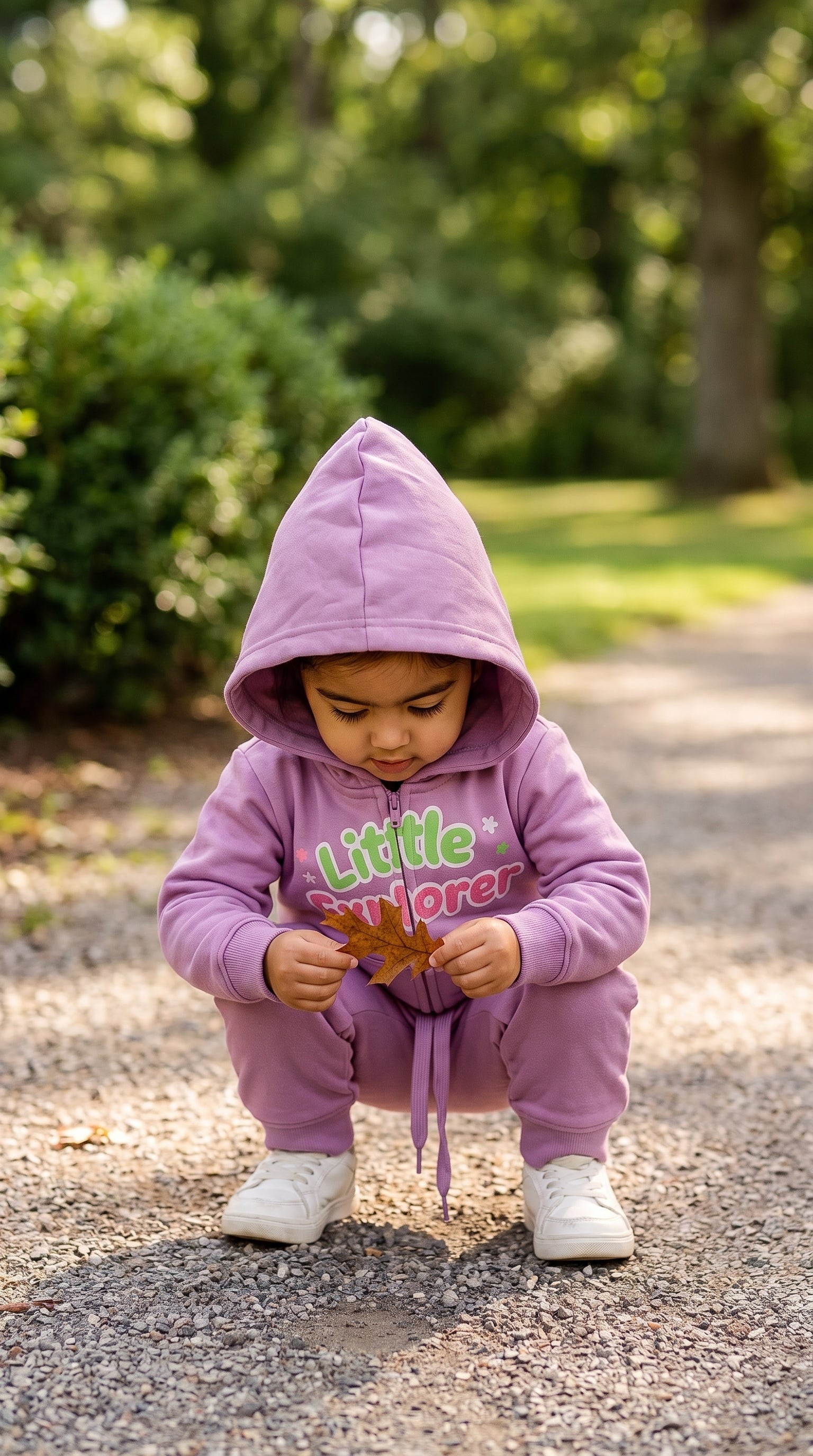 Toddler crouching to examine a leaf, wearing the lavender zip hoodie and jogger set