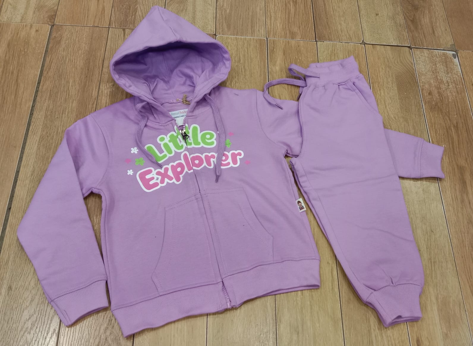 Lavender Little Explorer zip hoodie with matching joggers, laid flat