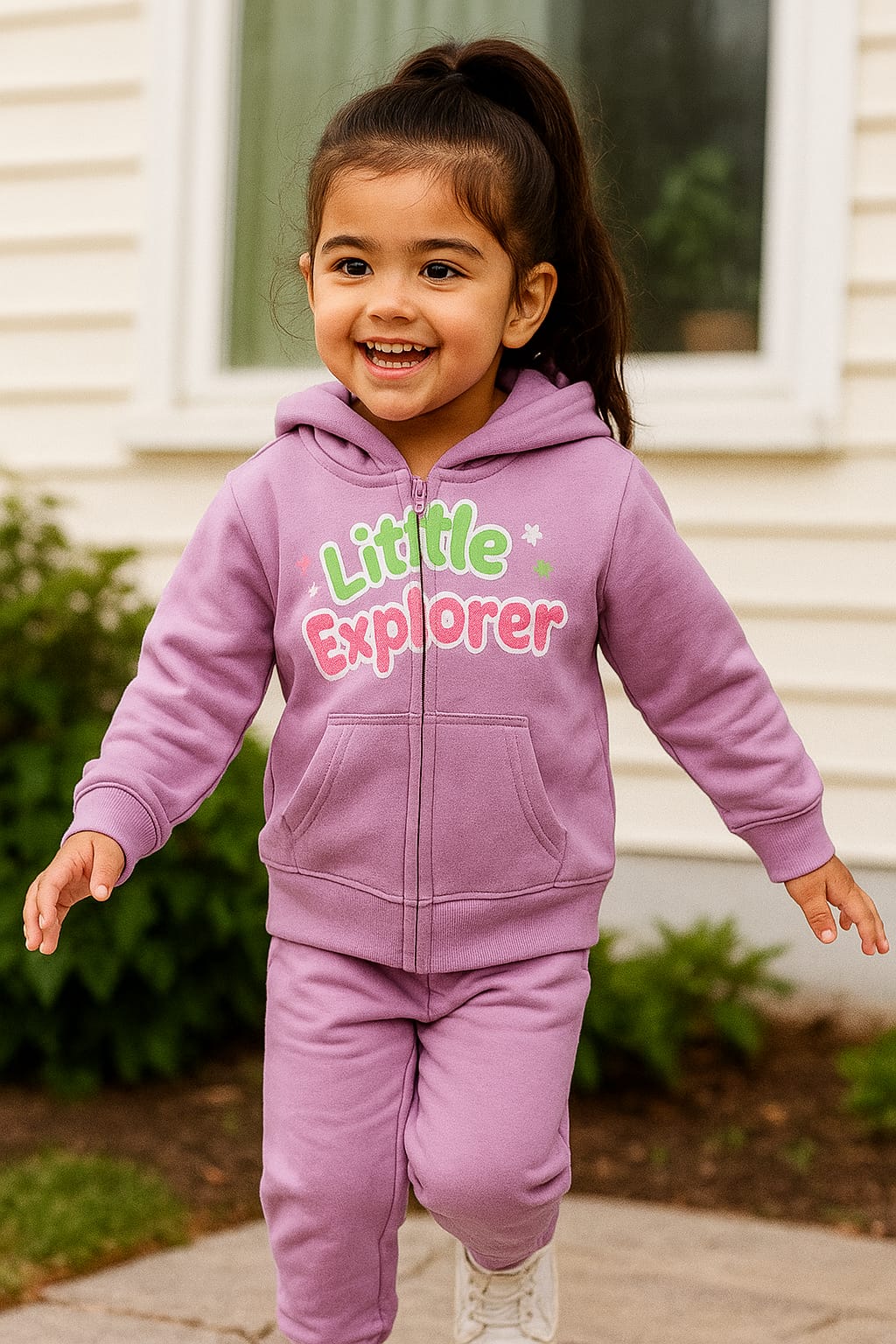 Toddler wearing the lavender Little Explorer zip hoodie and jogger set outdoors