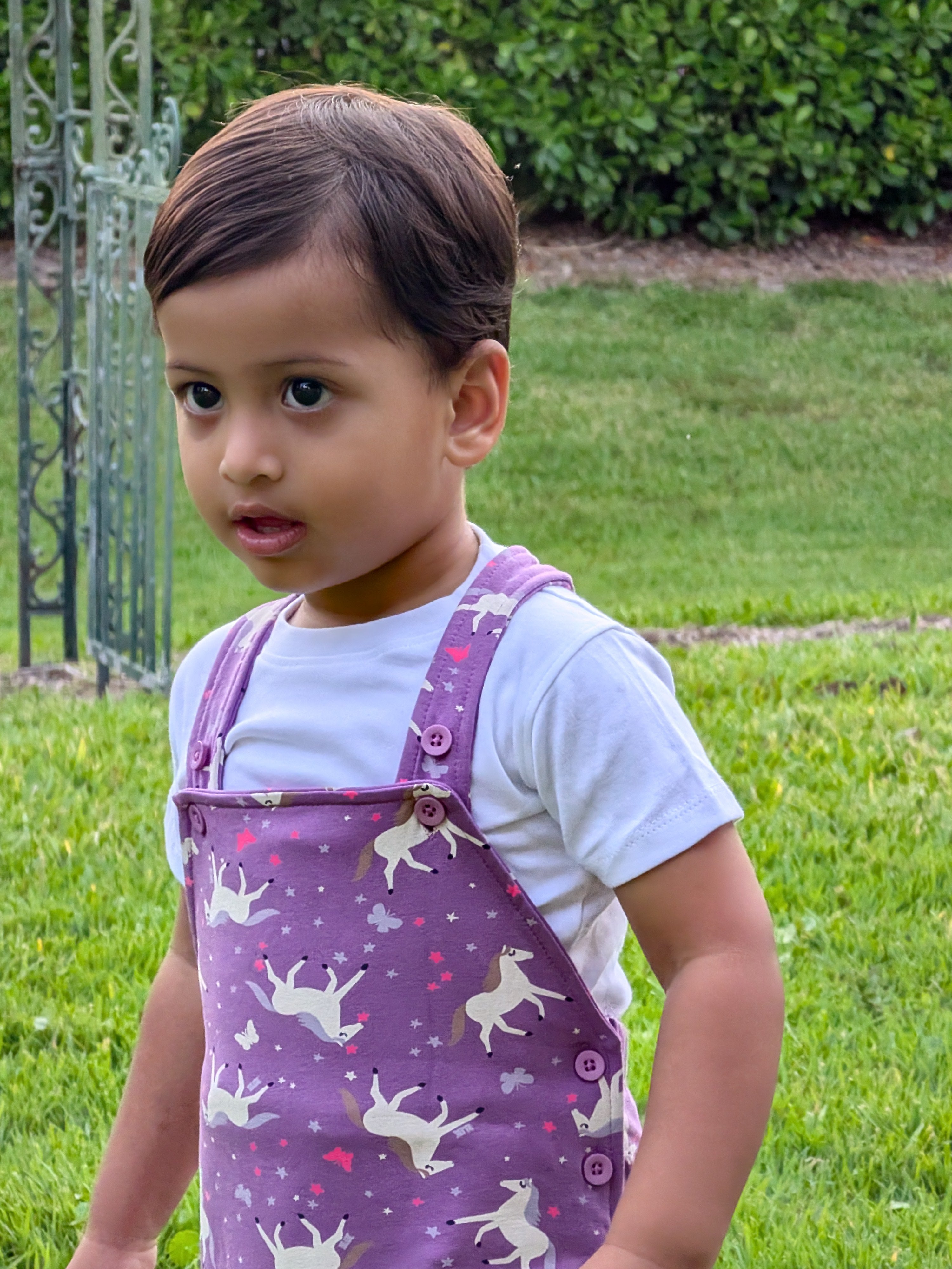 Close-up of toddler wearing MulmulBaby Lavender Horses dungaree overalls set in a garden