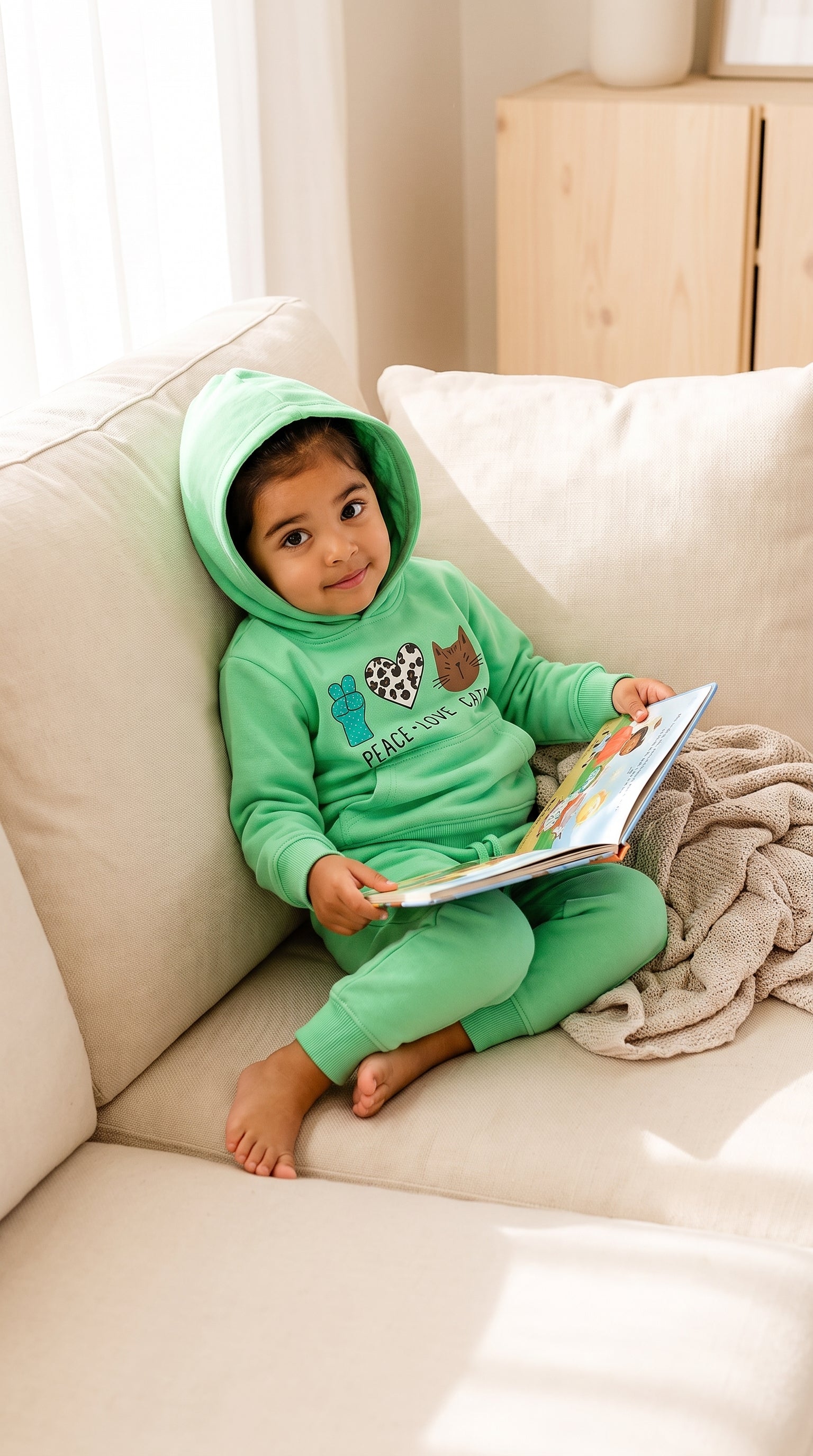 Toddler reading a picture book on a sofa in the mint hoodie and jogger set