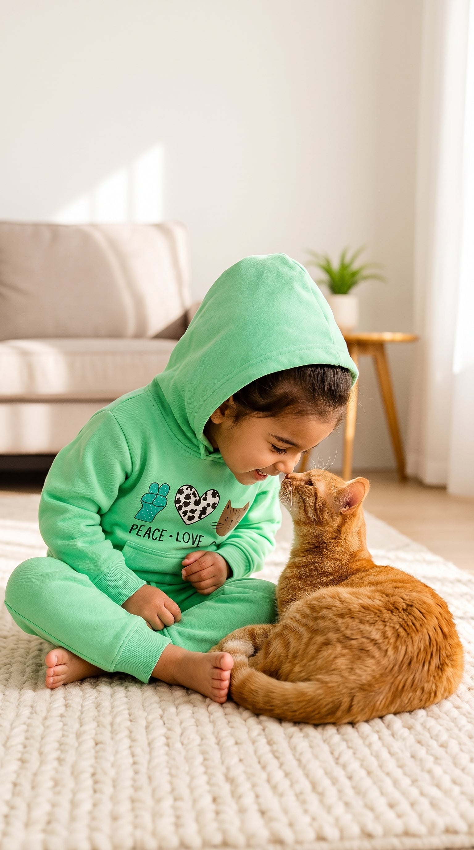 Toddler in the mint hoodie set touching noses with a ginger cat, hood up