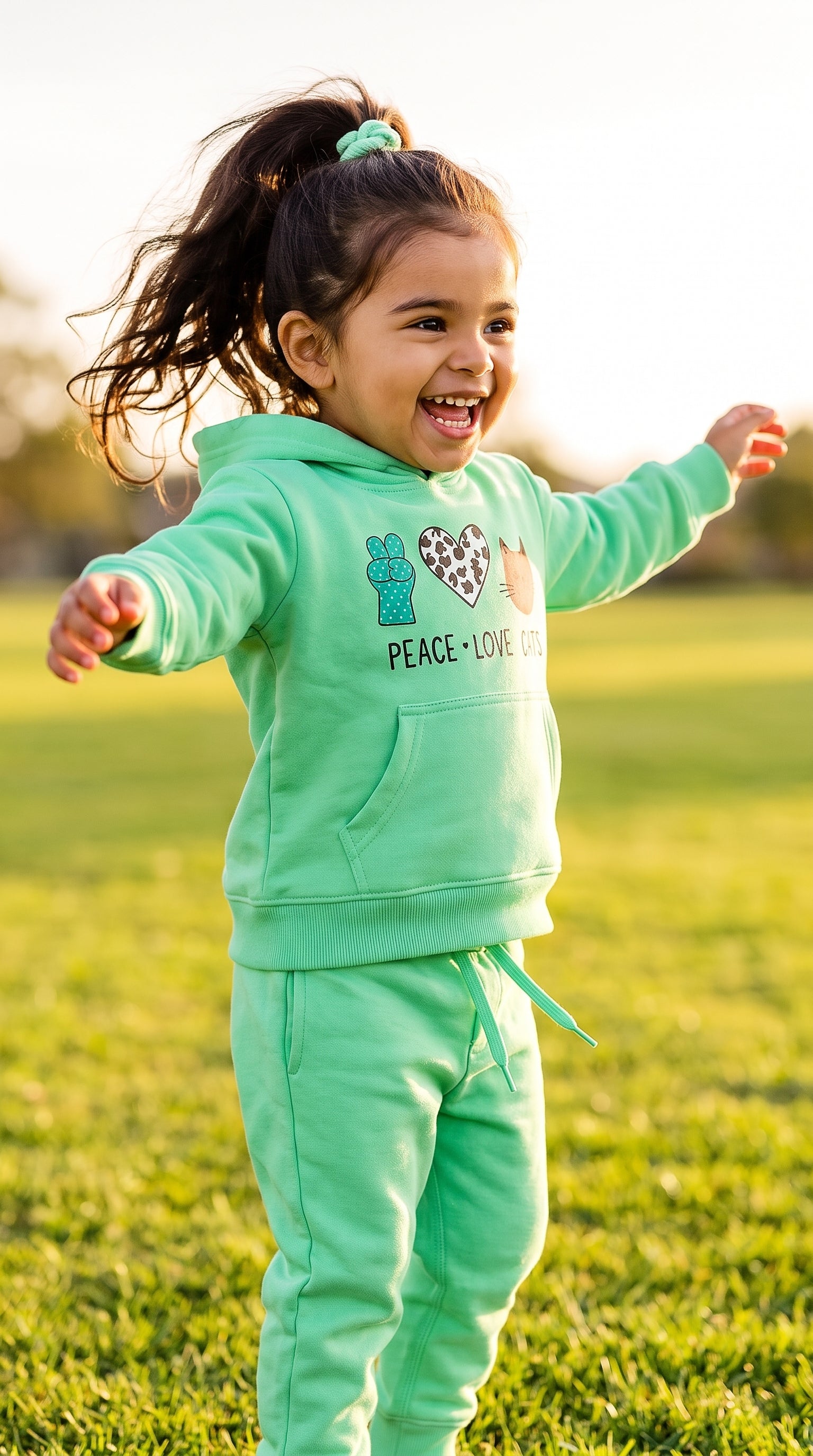 Toddler running through a park in the mint Peace Love Cats hoodie and jogger set