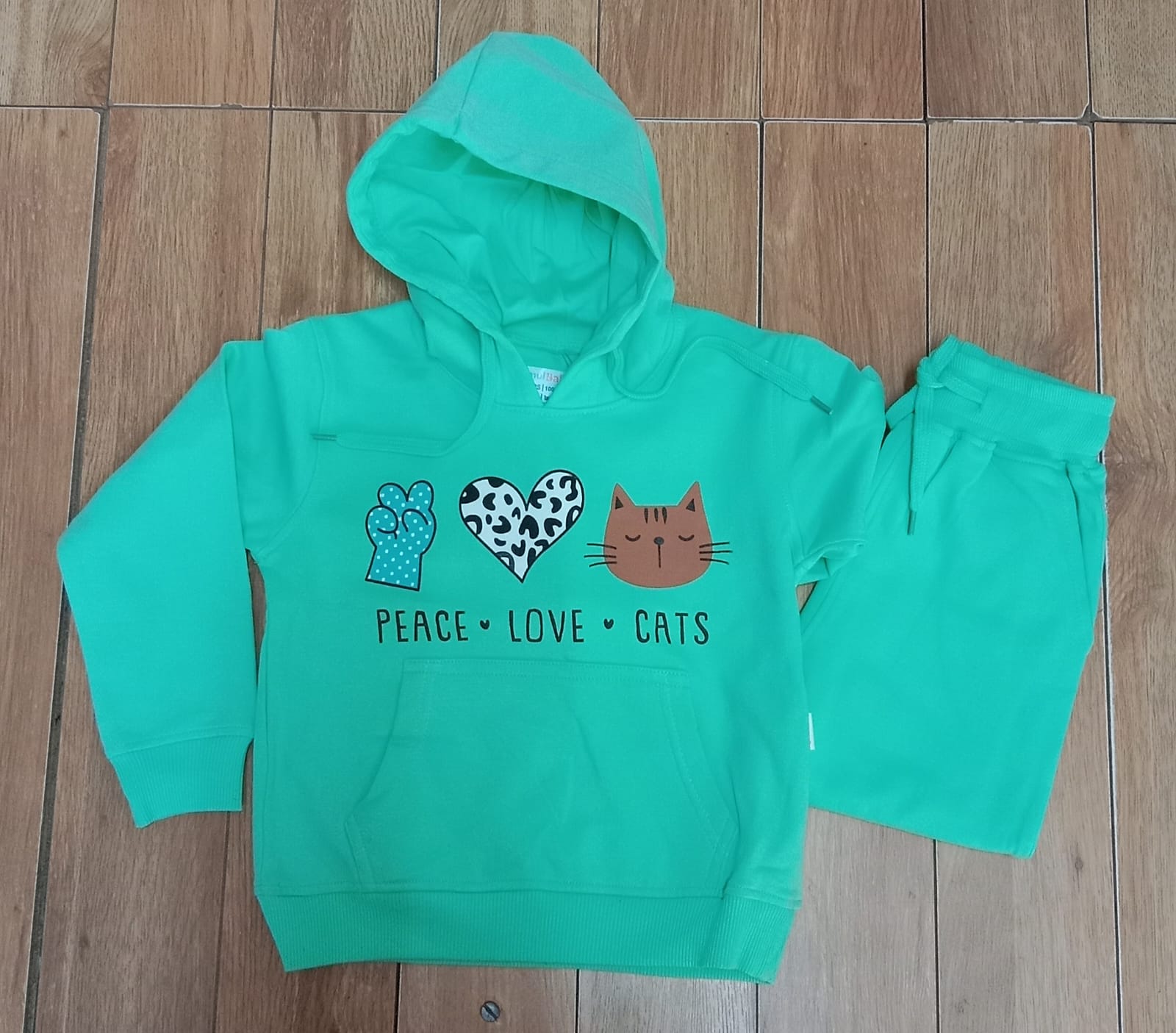 Mint green Peace Love Cats pullover hoodie with matching joggers, laid flat