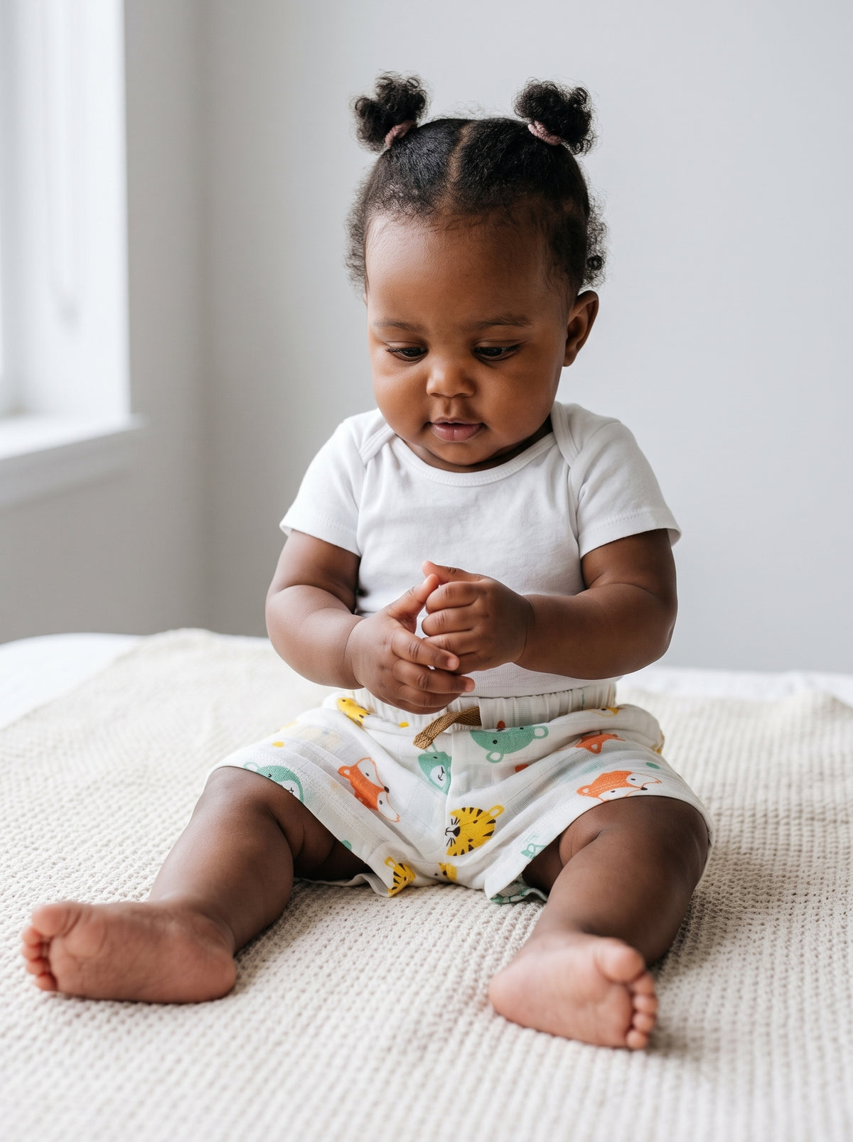 A nine-month-old baby girl sitting on a cream rug in cream mulmul muslin shorts with an animal-face print and a white bodysuit, holding one foot. AI-generated image.