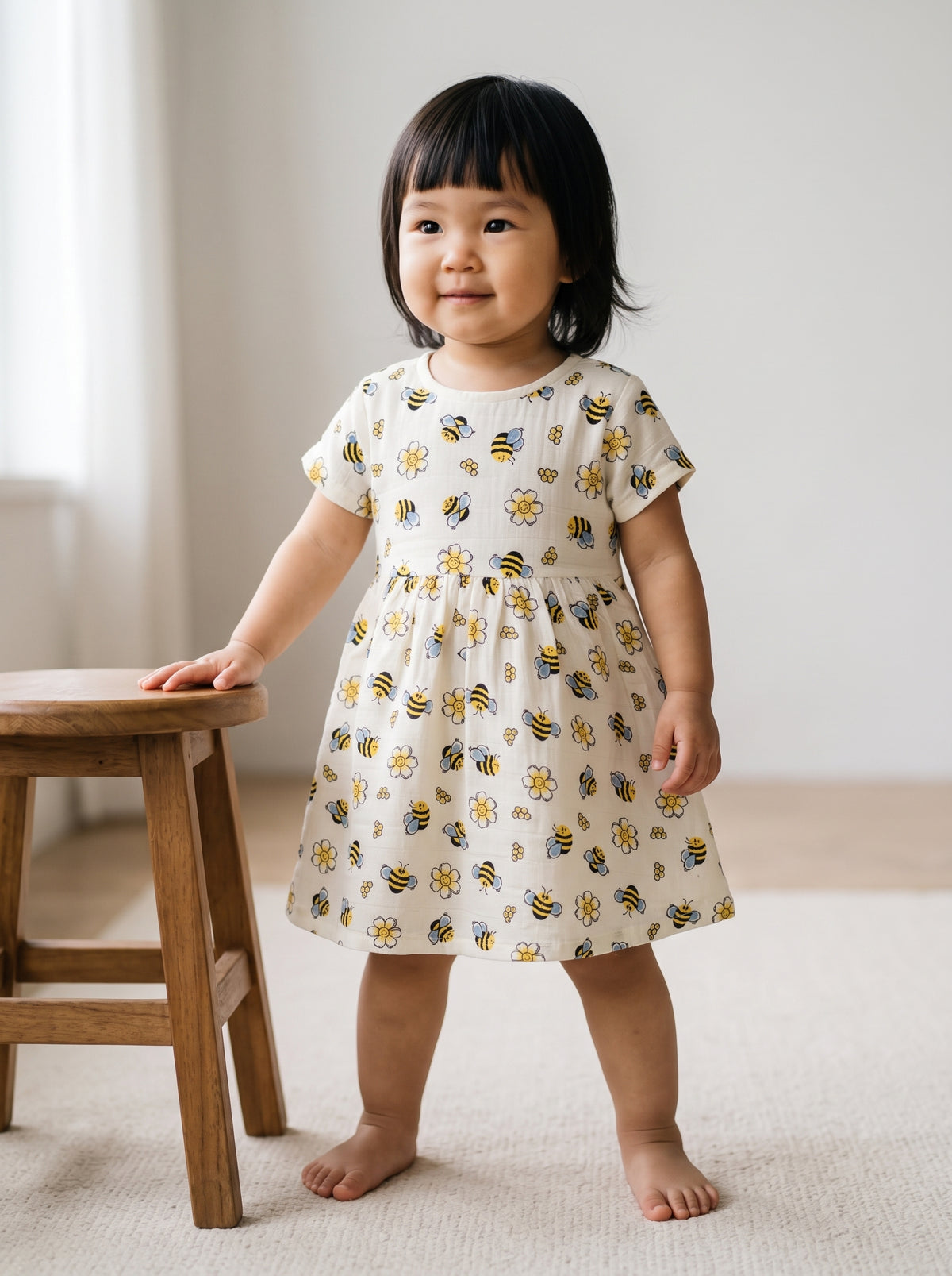 An eighteen-month-old girl standing beside a low wooden stool in a cream mulmul muslin dress with a yellow and black bee print. AI-generated image.