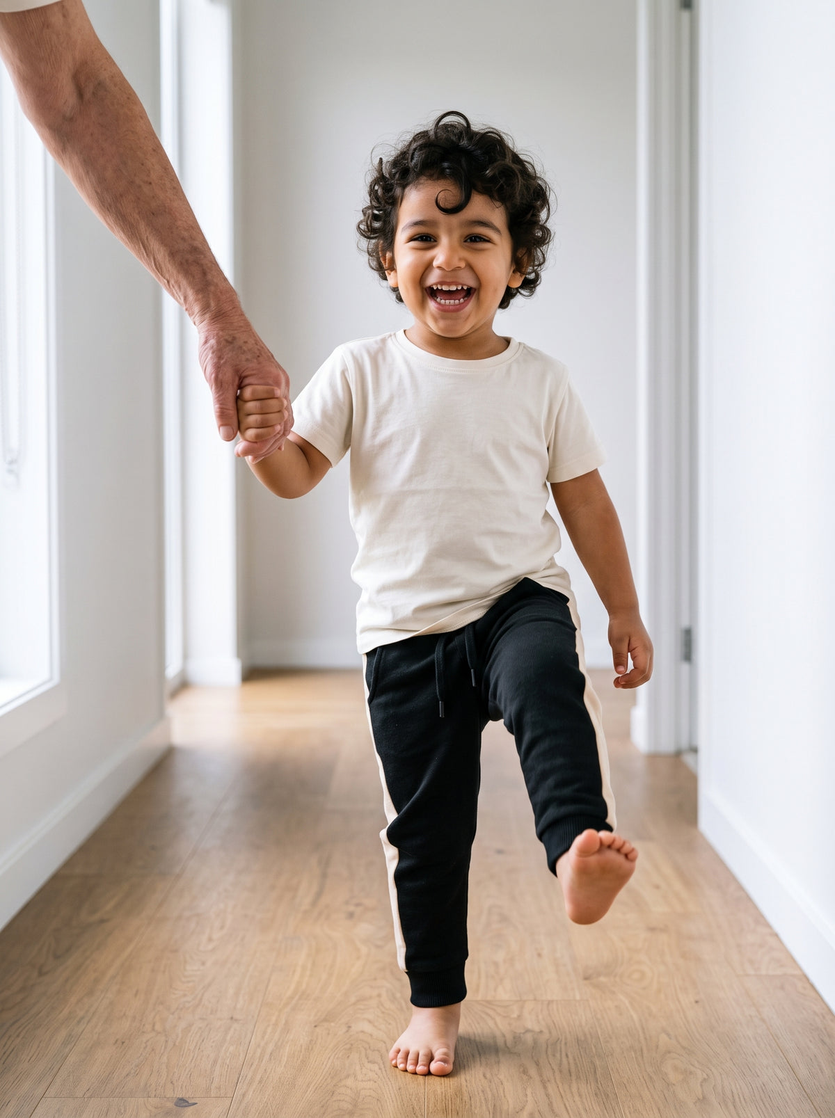A three-year-old boy marching toward the camera down a sunlit hallway in black cotton joggers with a cream side stripe, holding an adult's hand. AI-generated image.