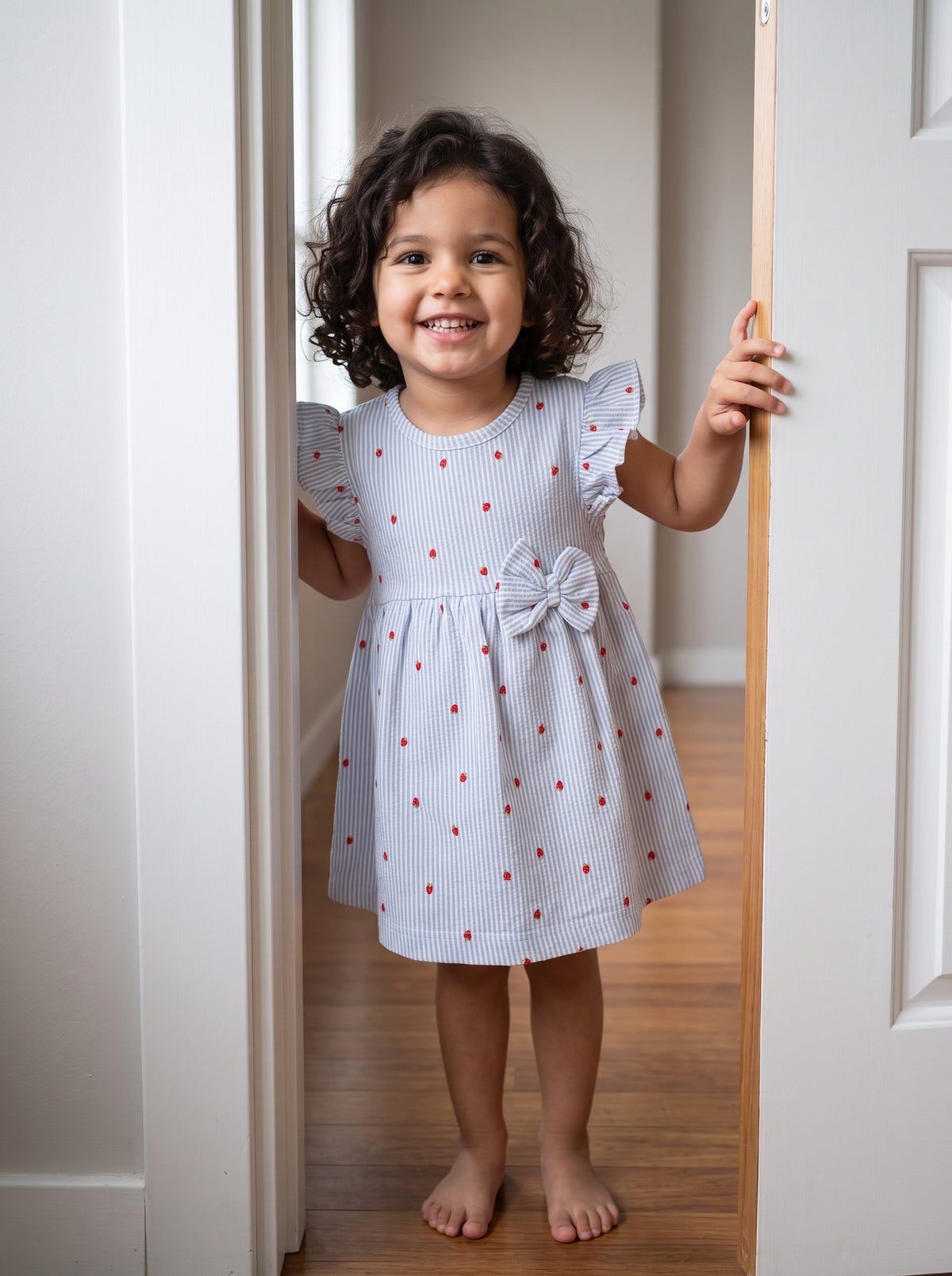 A four-year-old girl peeking round a doorway in a blue and white striped cotton dress with a strawberry print and a bow at the waist. AI-generated image.