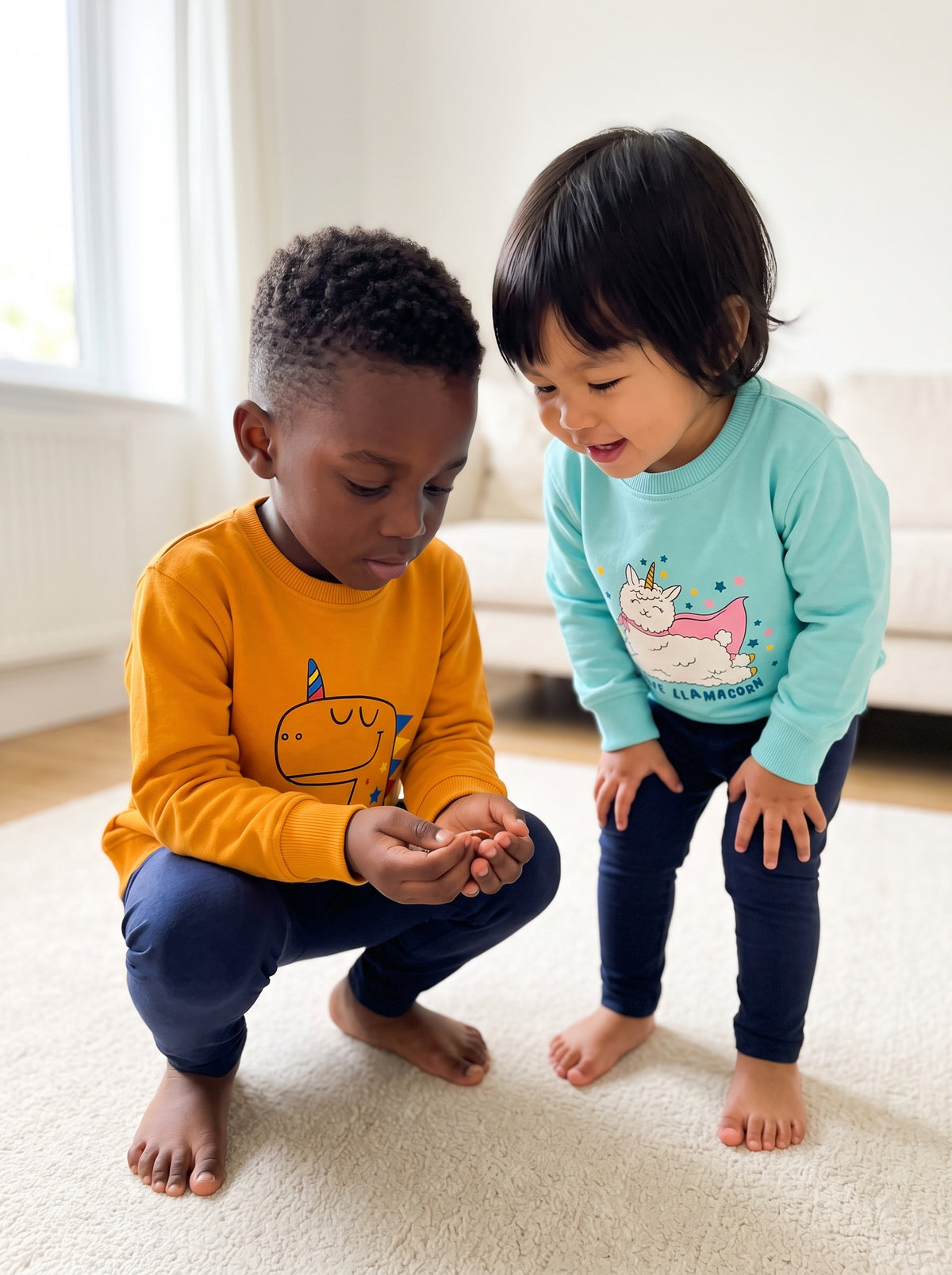 A four-year-old boy crouching to show a two-year-old girl something cupped in his hands. He wears an orange cotton sweatshirt with a dinosaur-unicorn print, she wears an aqua cotton sweatshirt with a llama-unicorn print. AI-generated image.