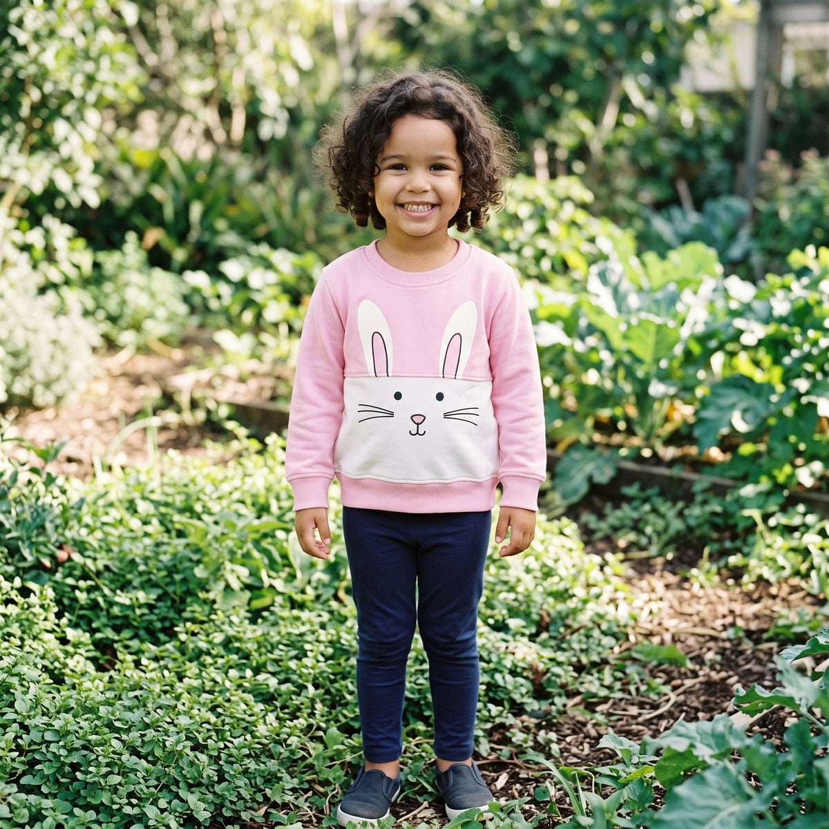 A four-year-old girl standing in a garden, wearing the pink bunny cotton sweatshirt. AI-generated image.