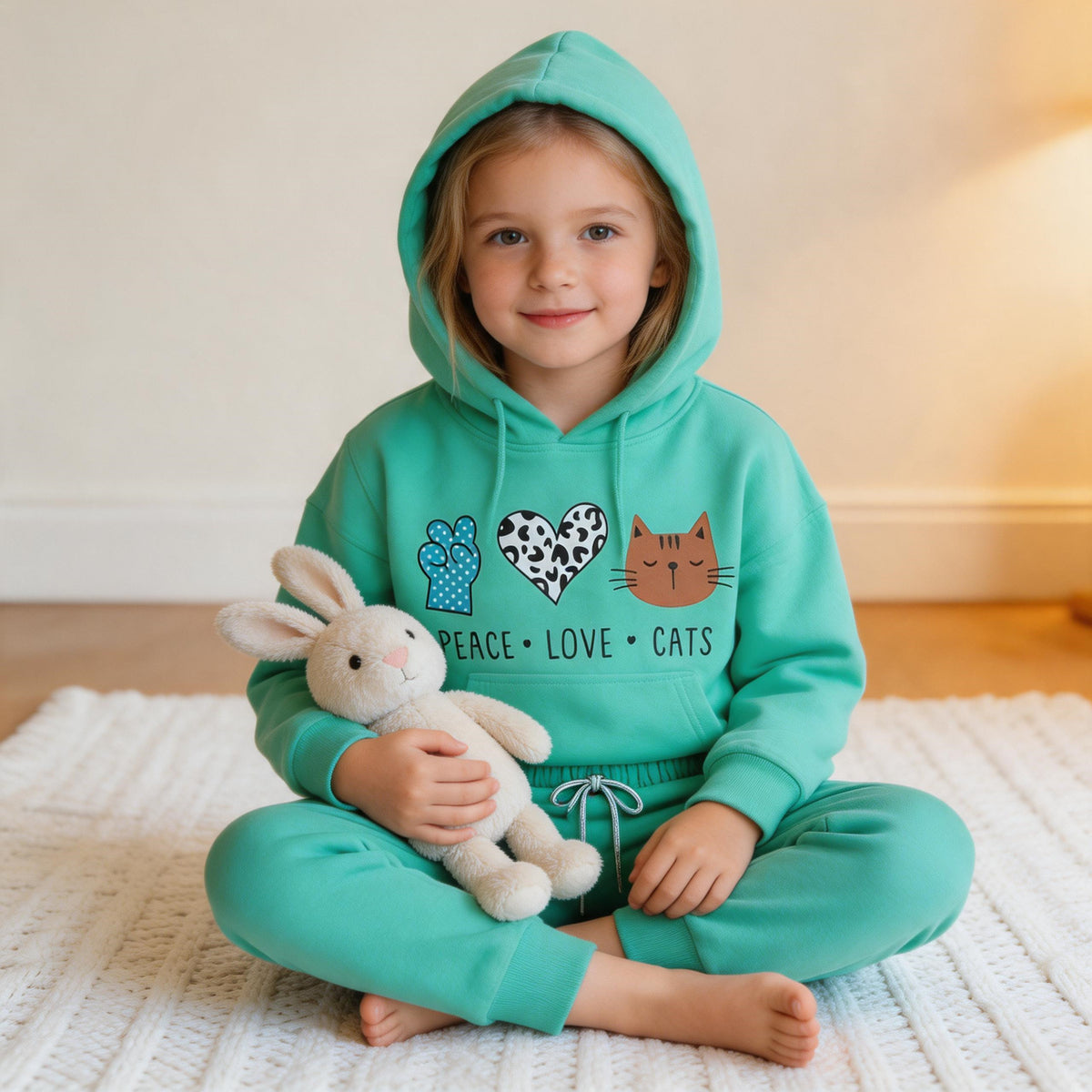 A young girl sitting on a cream rug in the mint Peace Love Cats cotton hoodie and jogger set, holding a soft toy rabbit. AI-generated image.