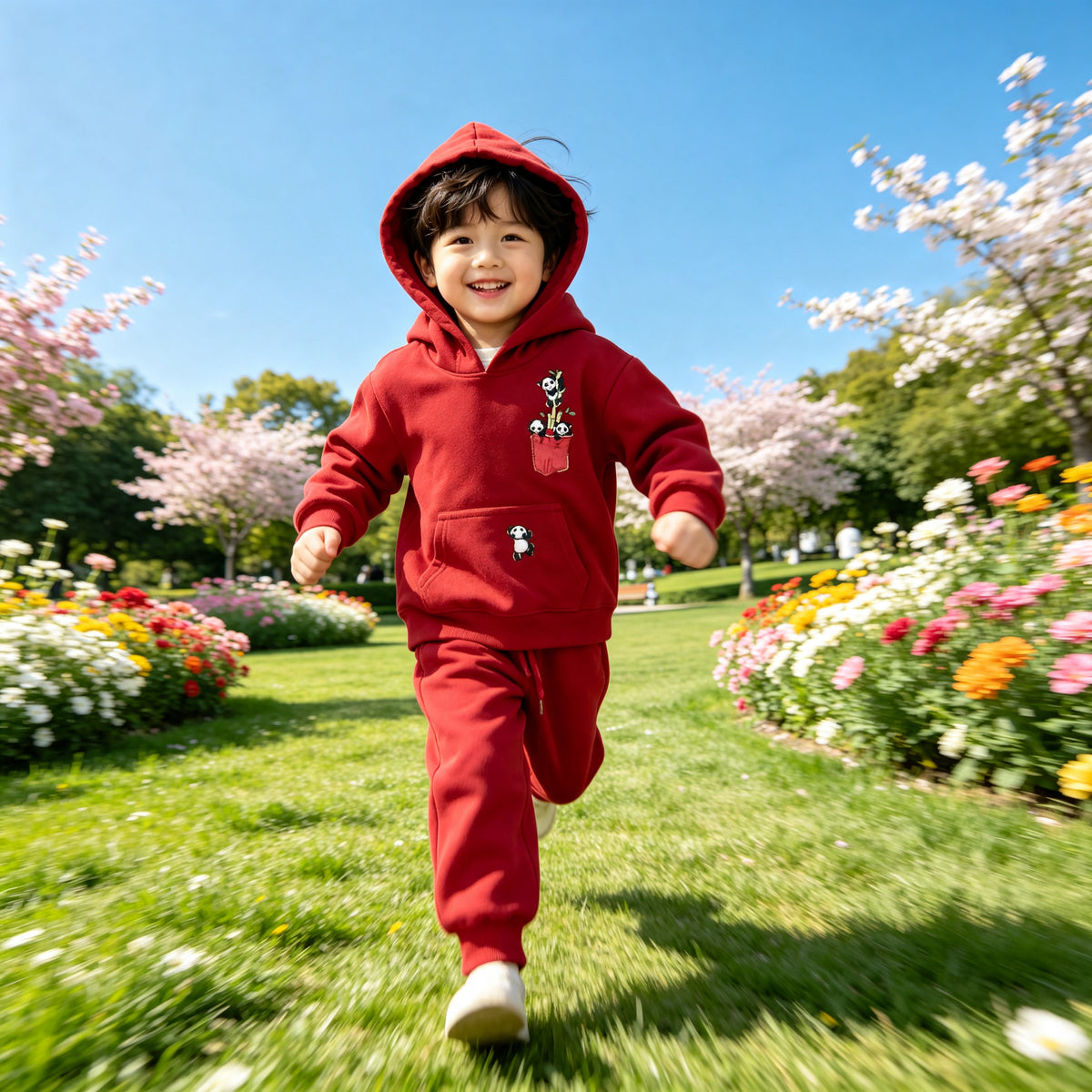 A young boy running across grass in the red Panda Pocket cotton hoodie and jogger set. AI-generated image.