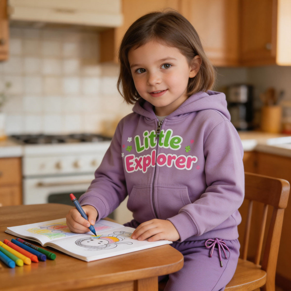 A young girl sitting at a kitchen table drawing, in the lavender Little Explorer cotton zip hoodie and jogger set. AI-generated image.