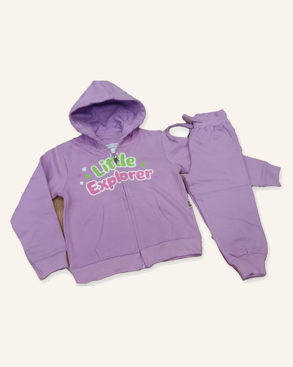The lavender Little Explorer cotton zip hoodie laid flat with the matching joggers beside it.