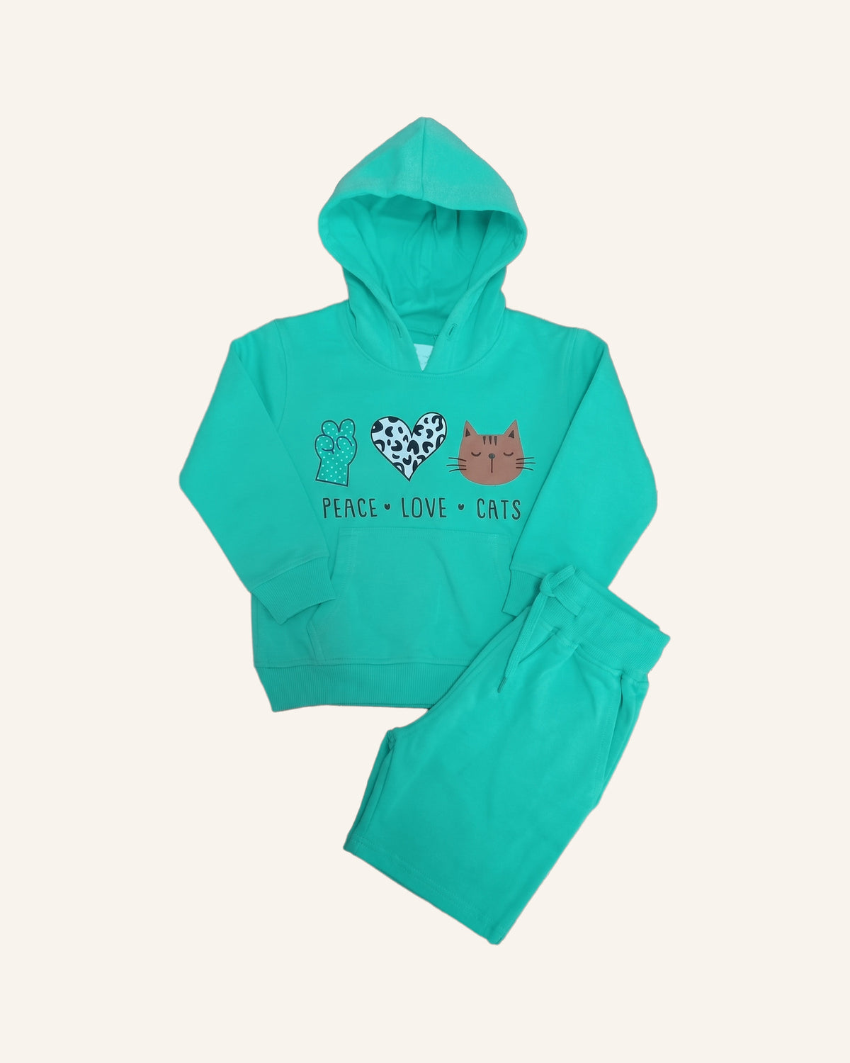The mint Peace Love Cats cotton hoodie with the matching joggers folded below it.