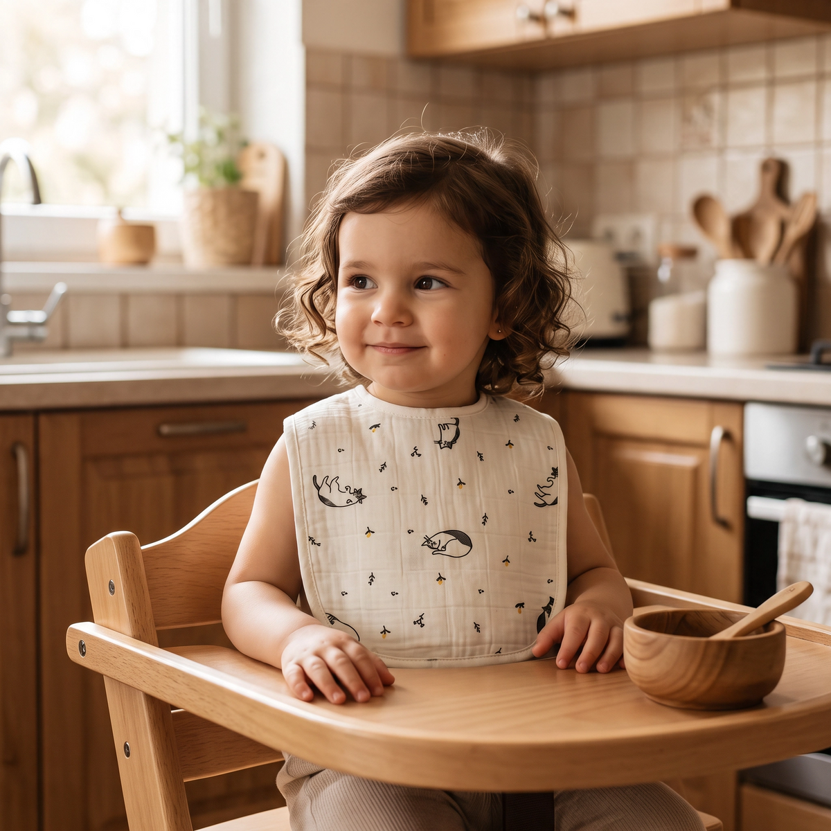 Toddler in a highchair wearing a MulmulBaby mulmul muslin bib in the sleeping cat print. AI-generated image.