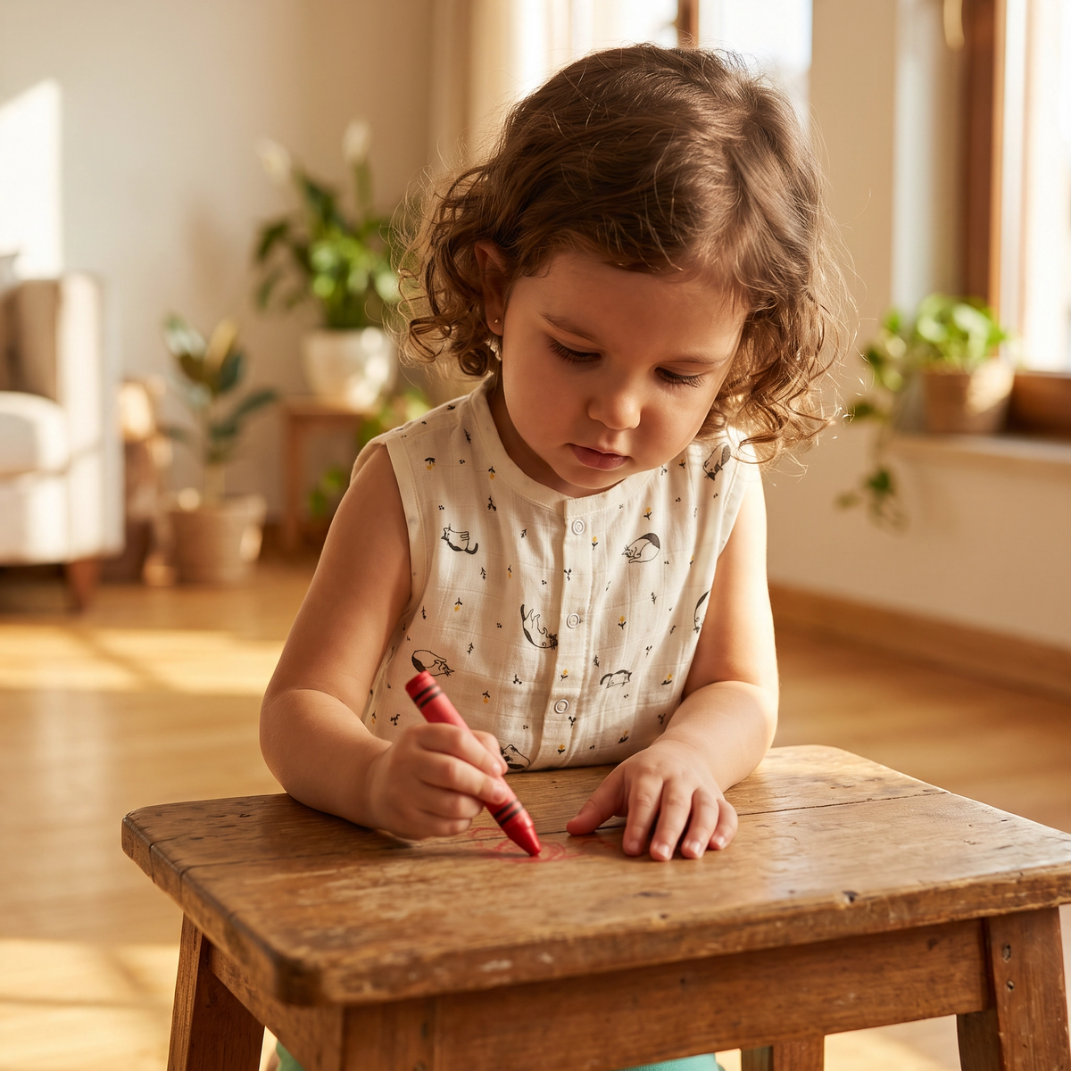 Toddler drawing at a table wearing the MulmulBaby mulmul muslin sleeveless vest in the sleeping cat print. AI-generated image.