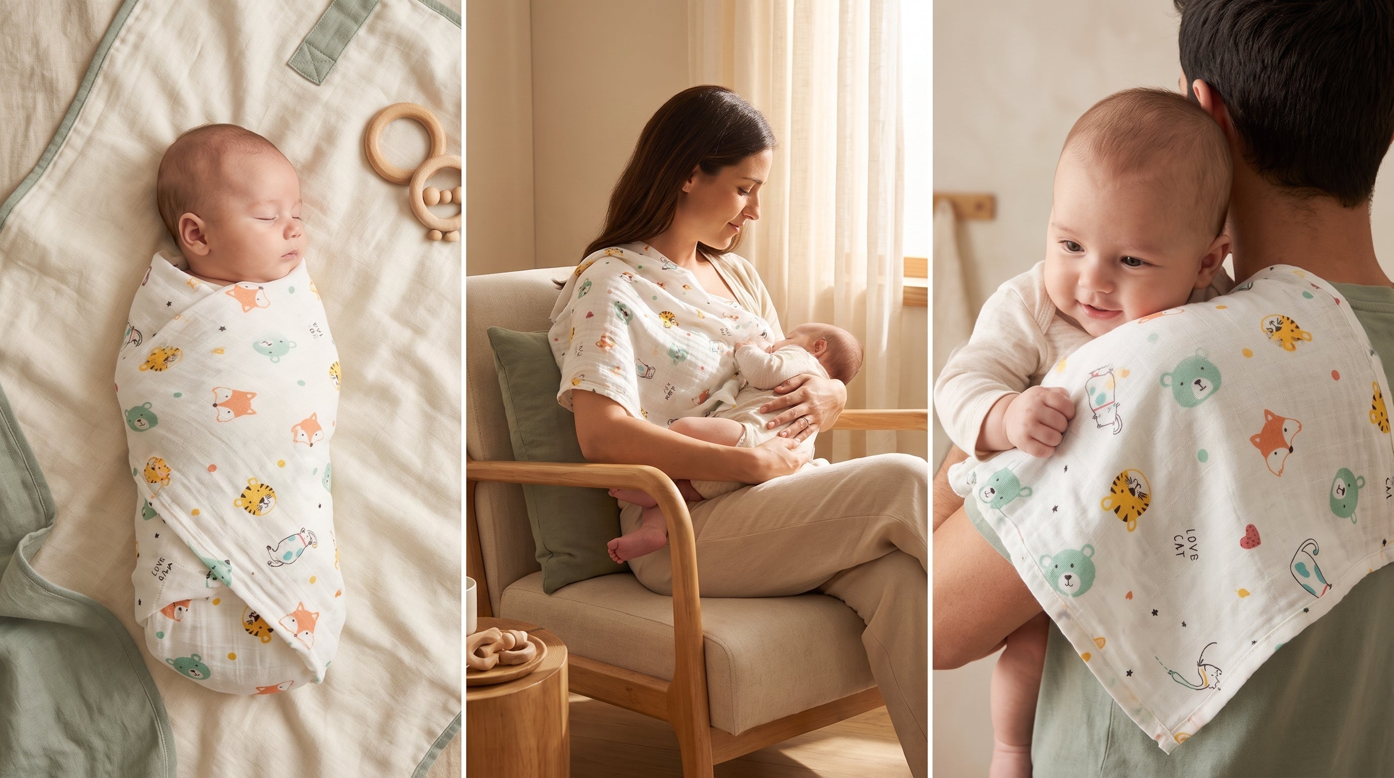 Organic muslin used three ways — swaddle, nursing cover, and burp cloth — the gift that gets used every day