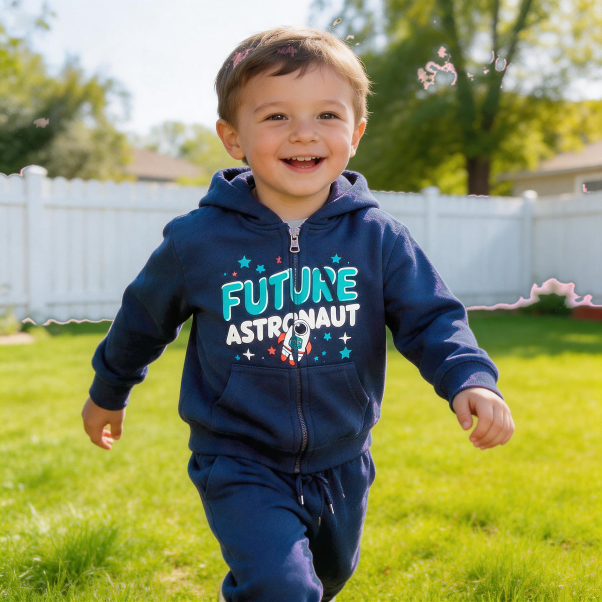 A young boy running across grass in the navy Future Astronaut cotton zip hoodie and jogger set. AI-generated image.