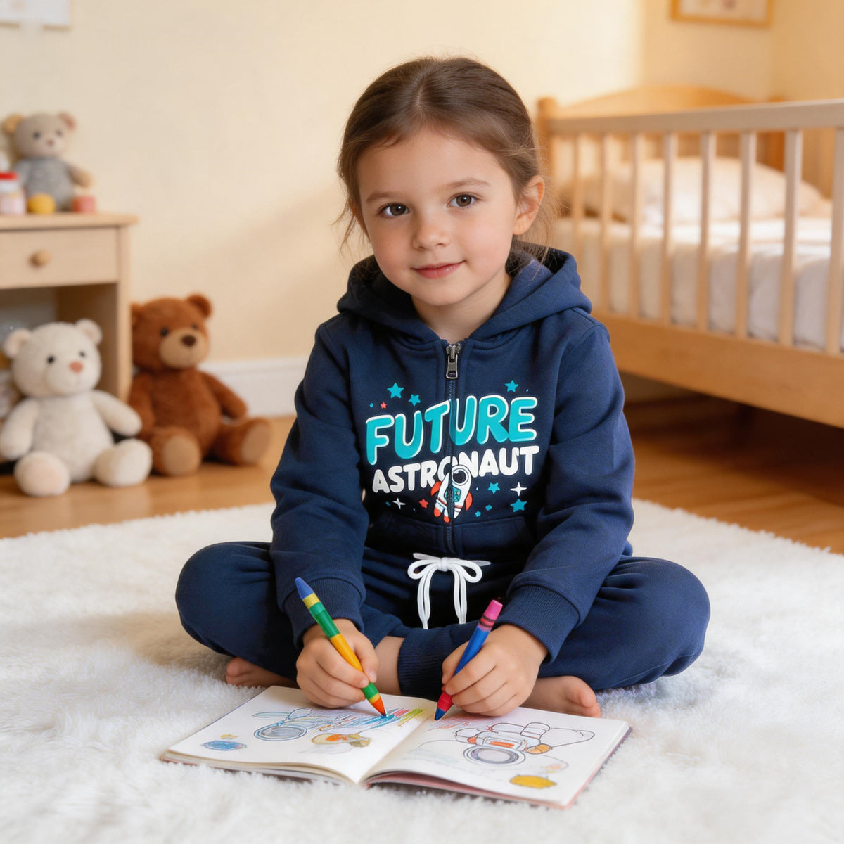 A young girl sitting on a rug drawing, in the navy Future Astronaut cotton zip hoodie and jogger set. AI-generated image.