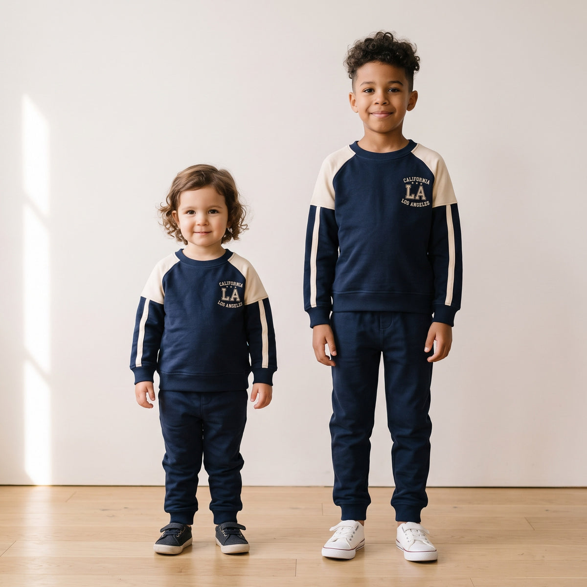 A two-year-old and an eight-year-old standing side by side, both wearing the navy cotton California LA raglan sweatshirt, showing the size range from 1 to 8 years. AI-generated image.